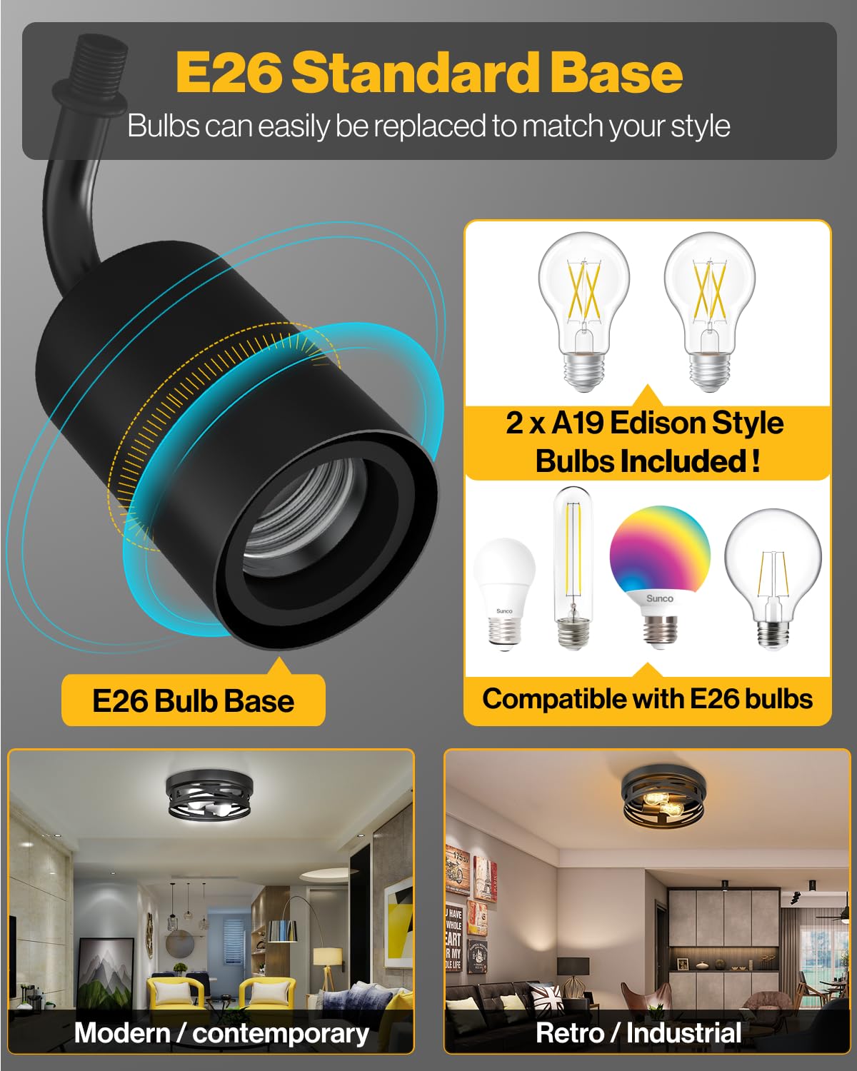 Sunco Flush Mount Ceiling Light, 11in Diameter, 2700K Soft White, Dimmable A19 Edison LED Bulbs, Alloy Steel, Model CL_MD_2H-BK-