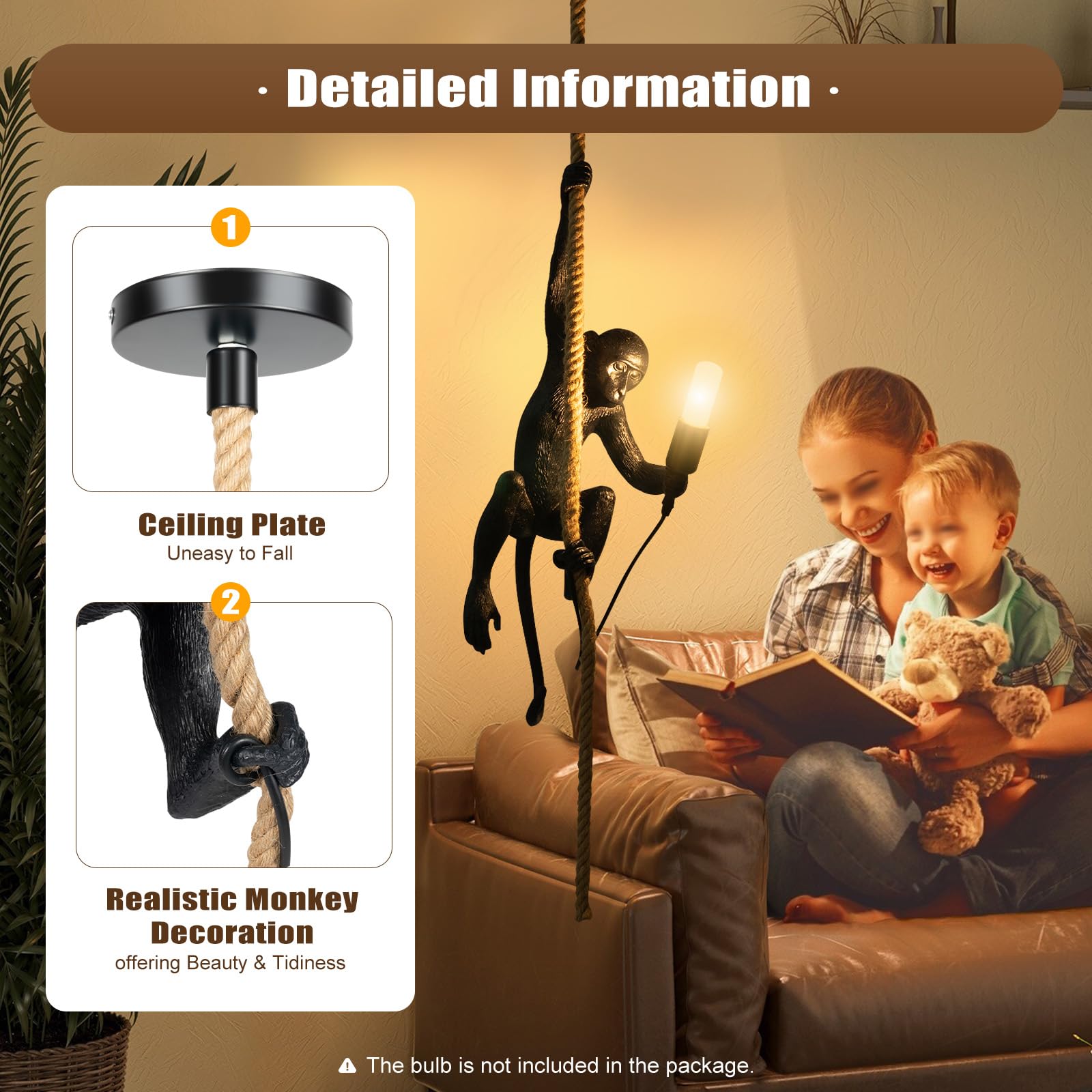 Huashuani Monkey Pendant Light, Vintage Resin Monkey Chandelier, Creative Monkey Shape E26 Hanging Light Fixture With Hemp Rope