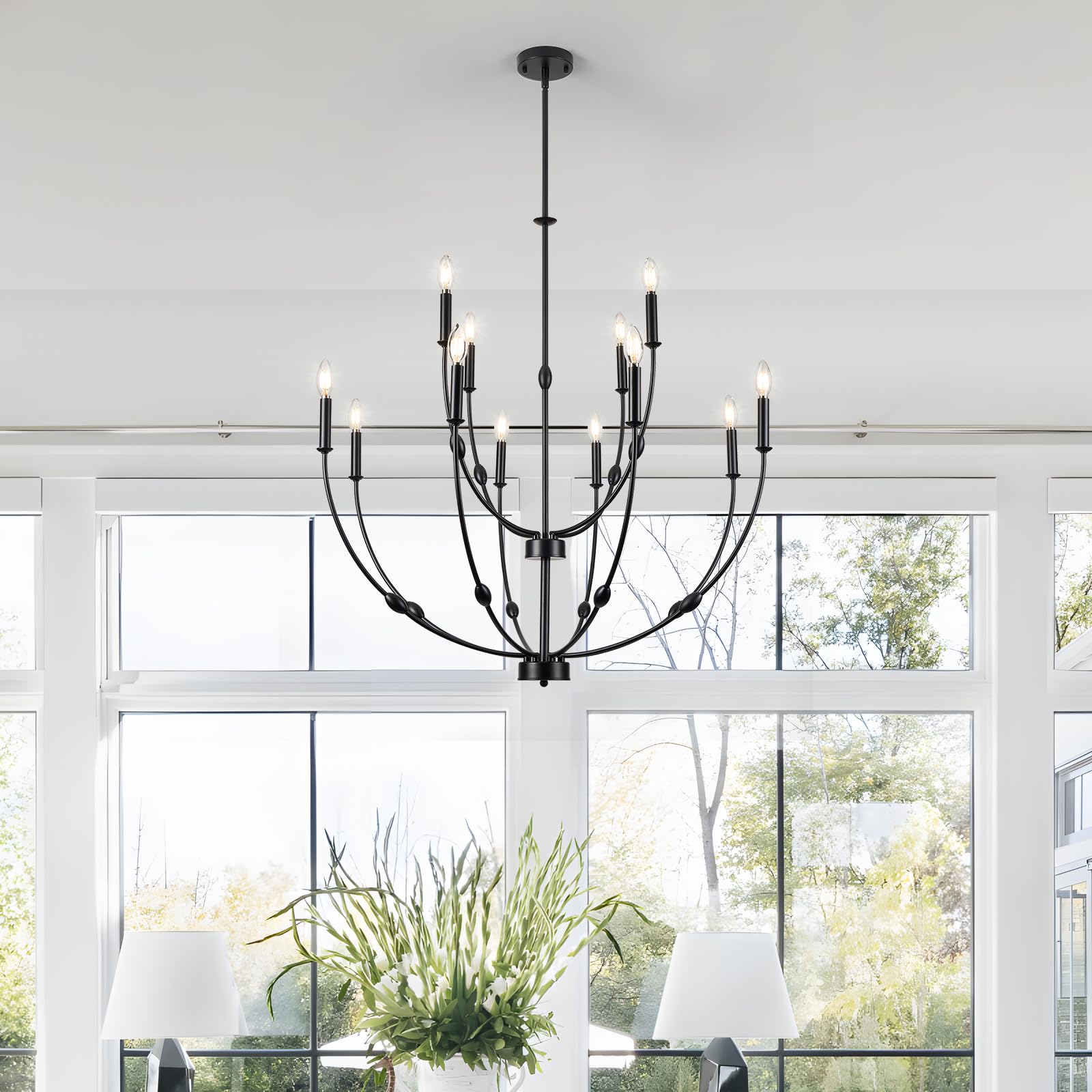 Acaner 12-Light Black Large Chandeliers For High Ceilings, 35 Inch Industrial Candle Style Rustic Pendant Light Fixture For Entr