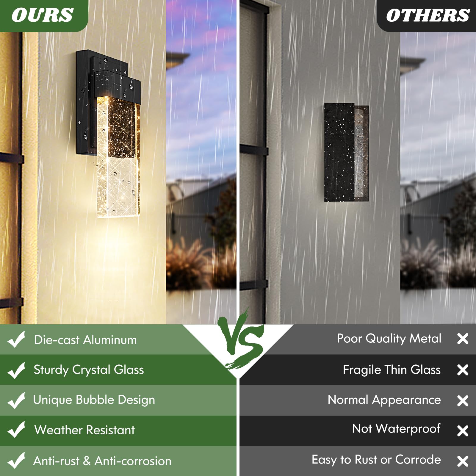 Beslowe Waterproof Outdoor Wall Light Fixture, Crystal Bubble Glass, 10W Led Sconce, 3000K