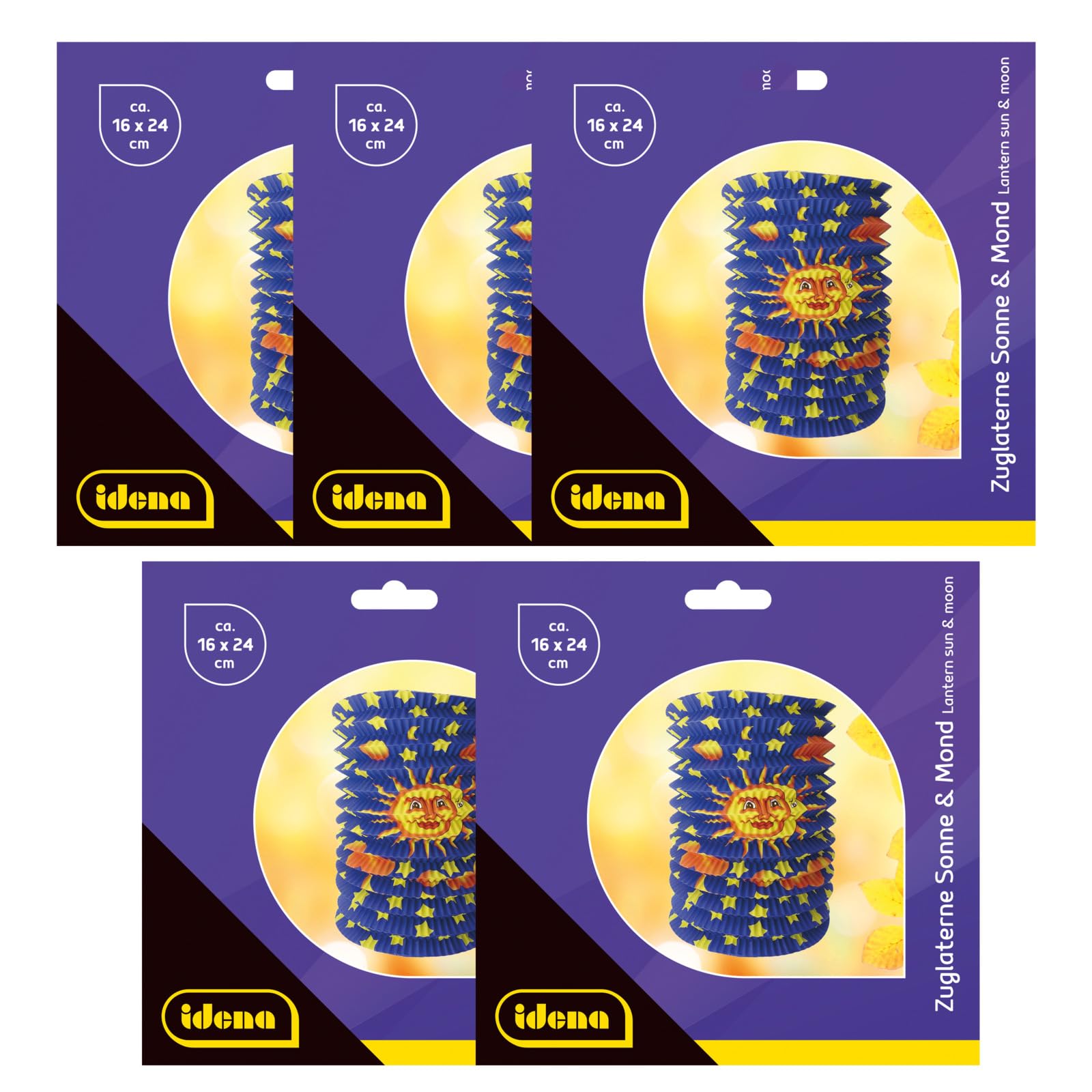 Idena Sun and Moon Lanterns, Pack of 5, 16 x 24 cm, Paper, Dark Blue, Multicolor, Festive, Hanging, Nature-inspired, Saint Marti