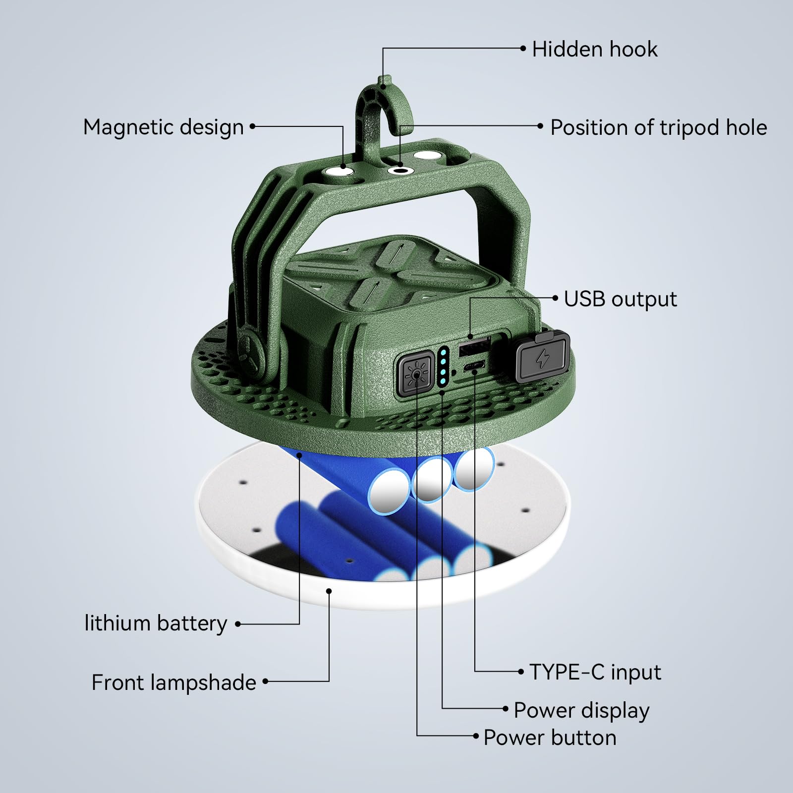 VAVOFO 30W LED Camping Lantern - Rechargeable, 3000LM, 7200mAh, IP65 Waterproof, Green, Model KM-FD01