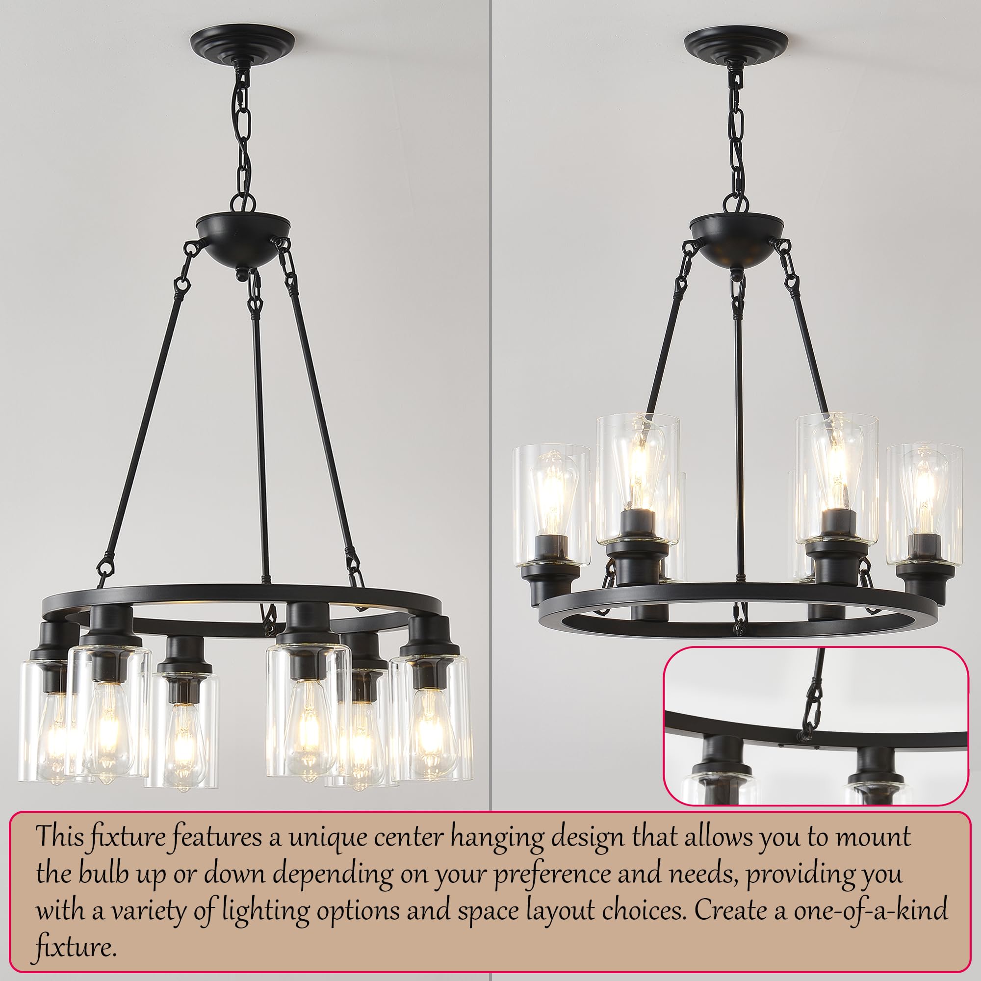 Jtyp 24&quot; Black Wagon Wheel Chandelier, 6-Light Farmhouse Pendant Light For Kitchen & Living Room