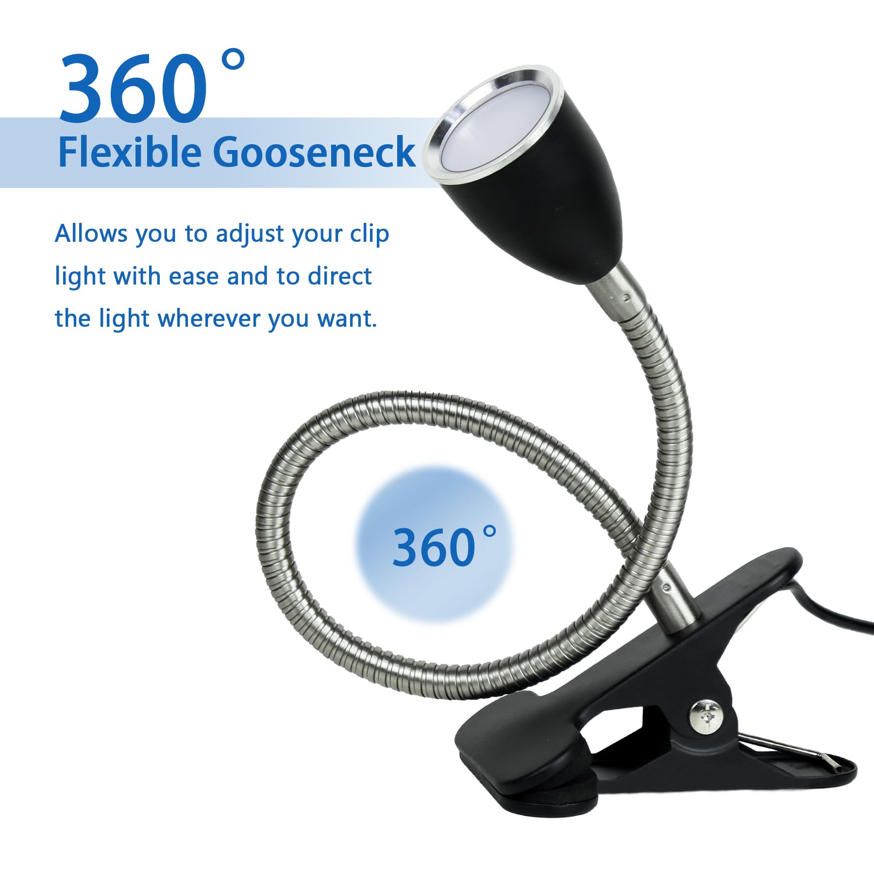 LALISU Desk Lamp Eye-Caring Gooseneck Clip Light, 360° Rotation, Metal, Black with Dimmer, Model LALISULALITB004