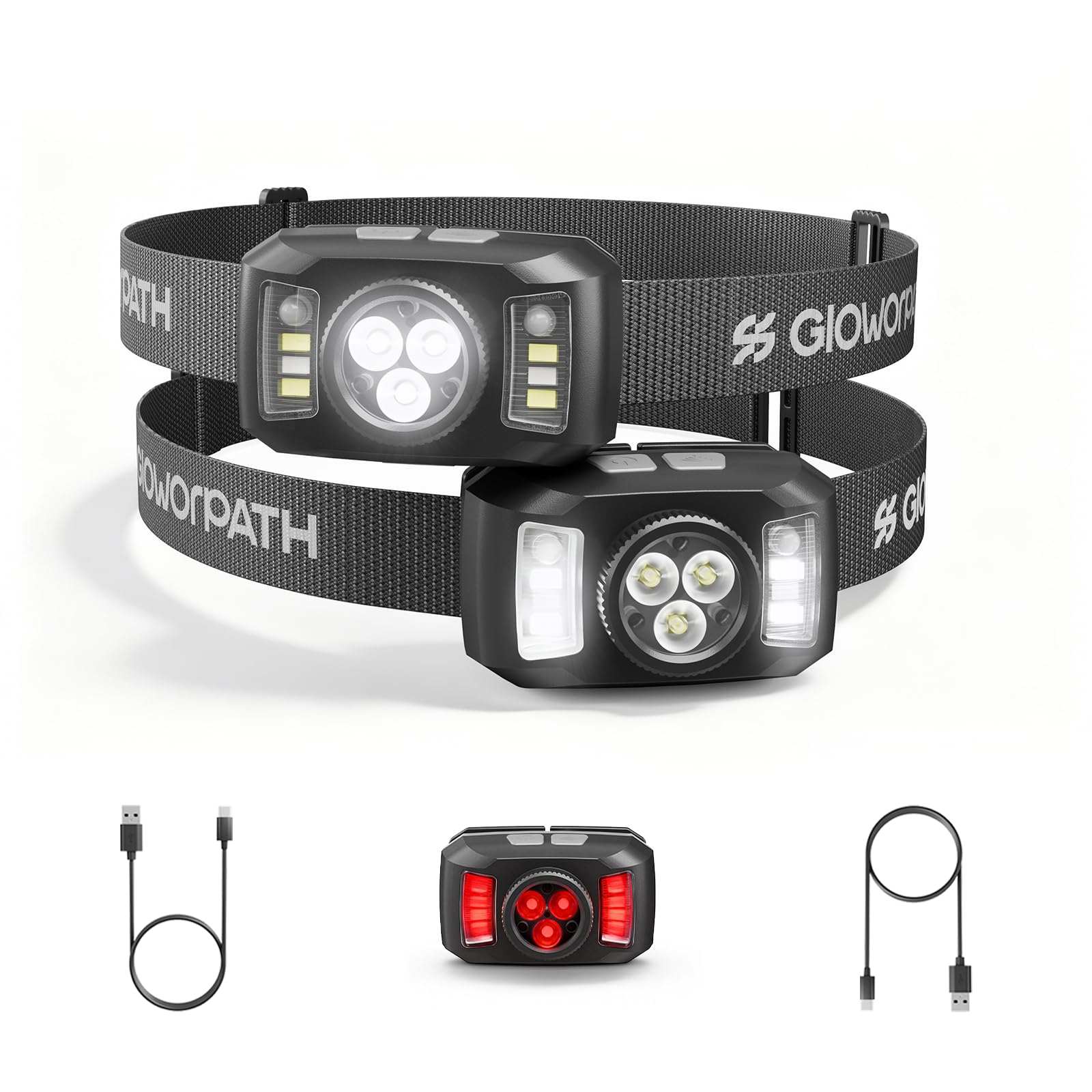 Upgraded Headlamp Rechargeable  Ultra Bright Headlight Flashlight with White Red Light  Motion Sensor Head Lights for Forehead  6 Modes Head Lamp for Outdoor Camping Running Waterproof (2  Black)