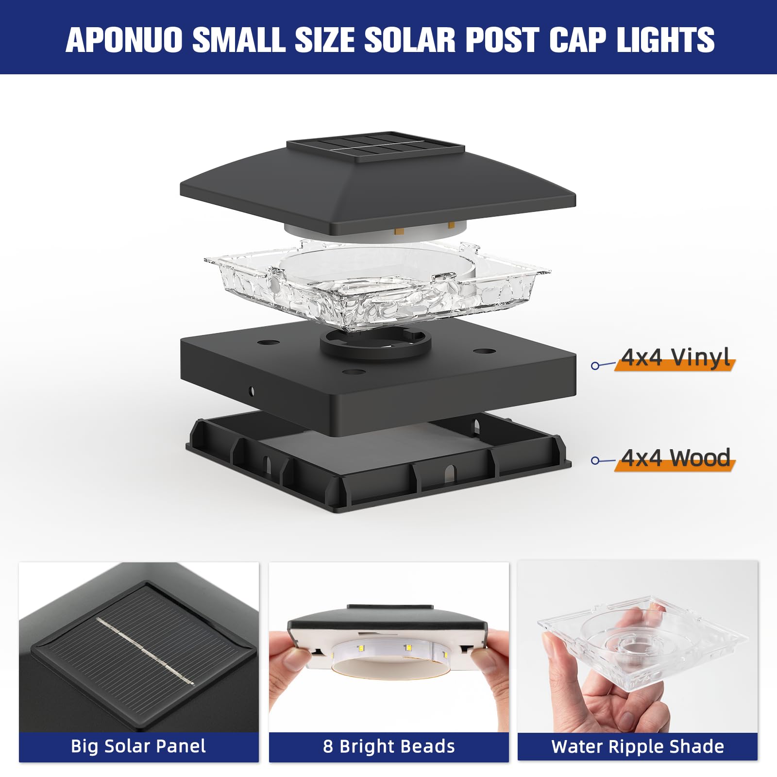 APONUO Solar Post Cap Lights, 8 Pack Black LED, IP64 Waterproof, Easy Install for 4x4 Posts - Deck, Fence, Patio Lighting
