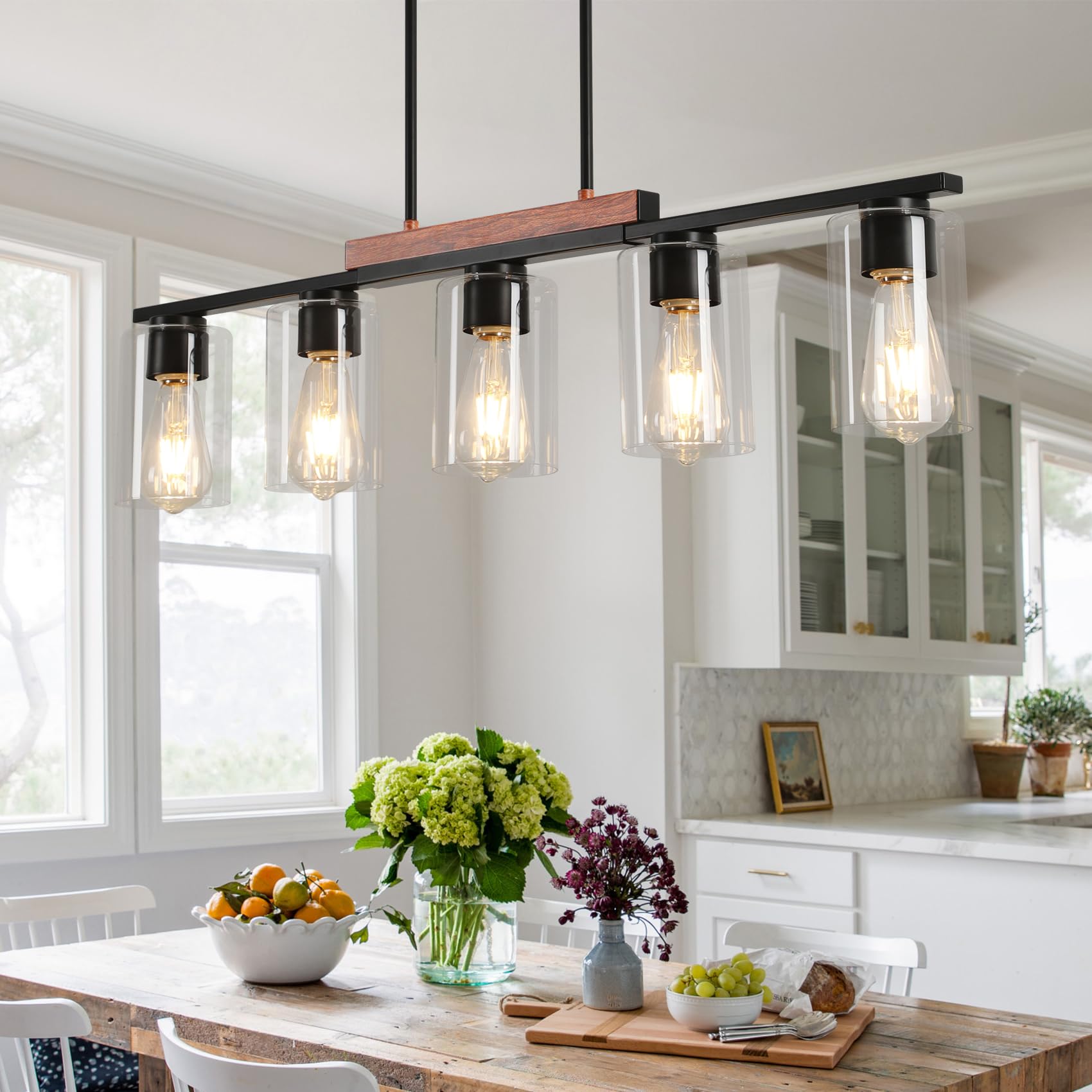 WILON Kitchen Island Lighting, 5-Light Dining Room Light Fixture Over Table, Glass Shade Pendant Lighting for Kitchen Island Far