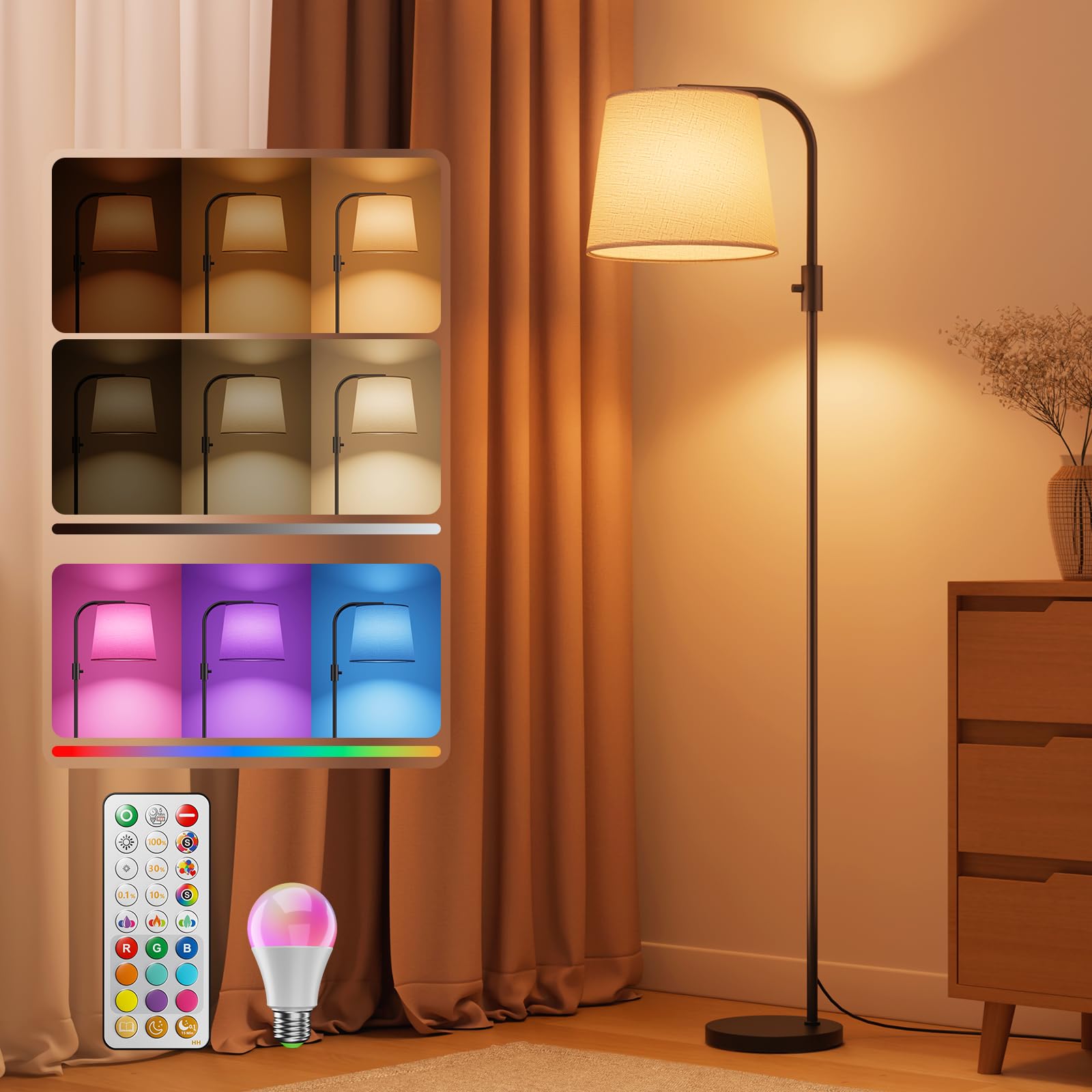 VARICART Dimmable Arc Floor Lamp, 1200 Lumens RGBCW Color Change Bulb Included, Standing Lamp with Linen Shade, 65 Tall Lamp wit