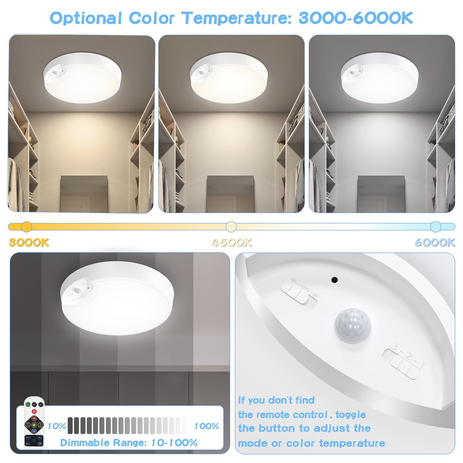 WhitePoplar Rechargeable Motion Sensor Light, 3 Colors Dimmable, Battery Operated, Wireless Ceiling Lights, 7.4inch, 2 Pack, White