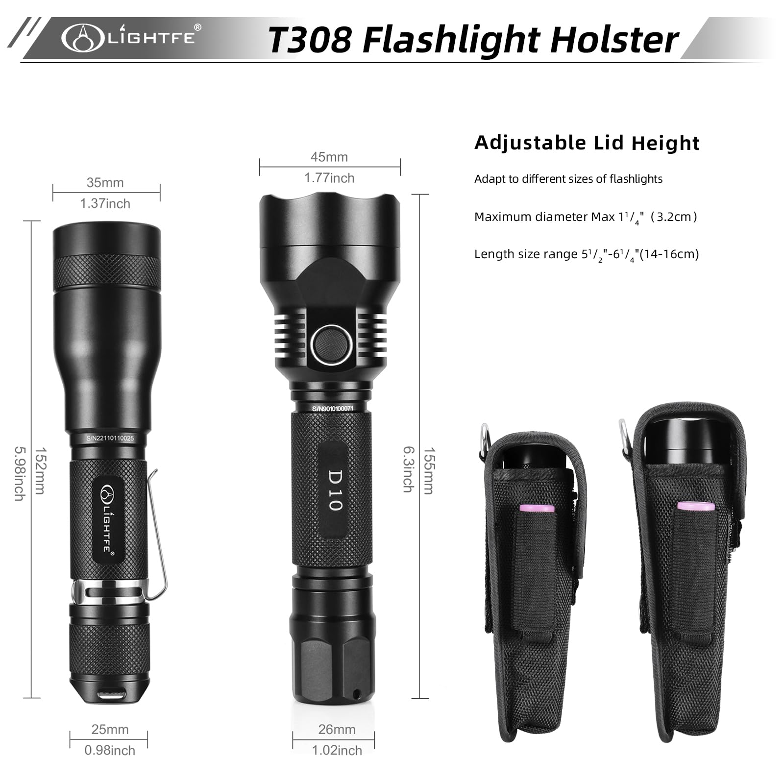 Flashlight Holster T308 Tactical Flashlight Holster Suitable For Flashlights With A Length Of 5.5''-6.2'' Or A Diameter Of 32Mm,