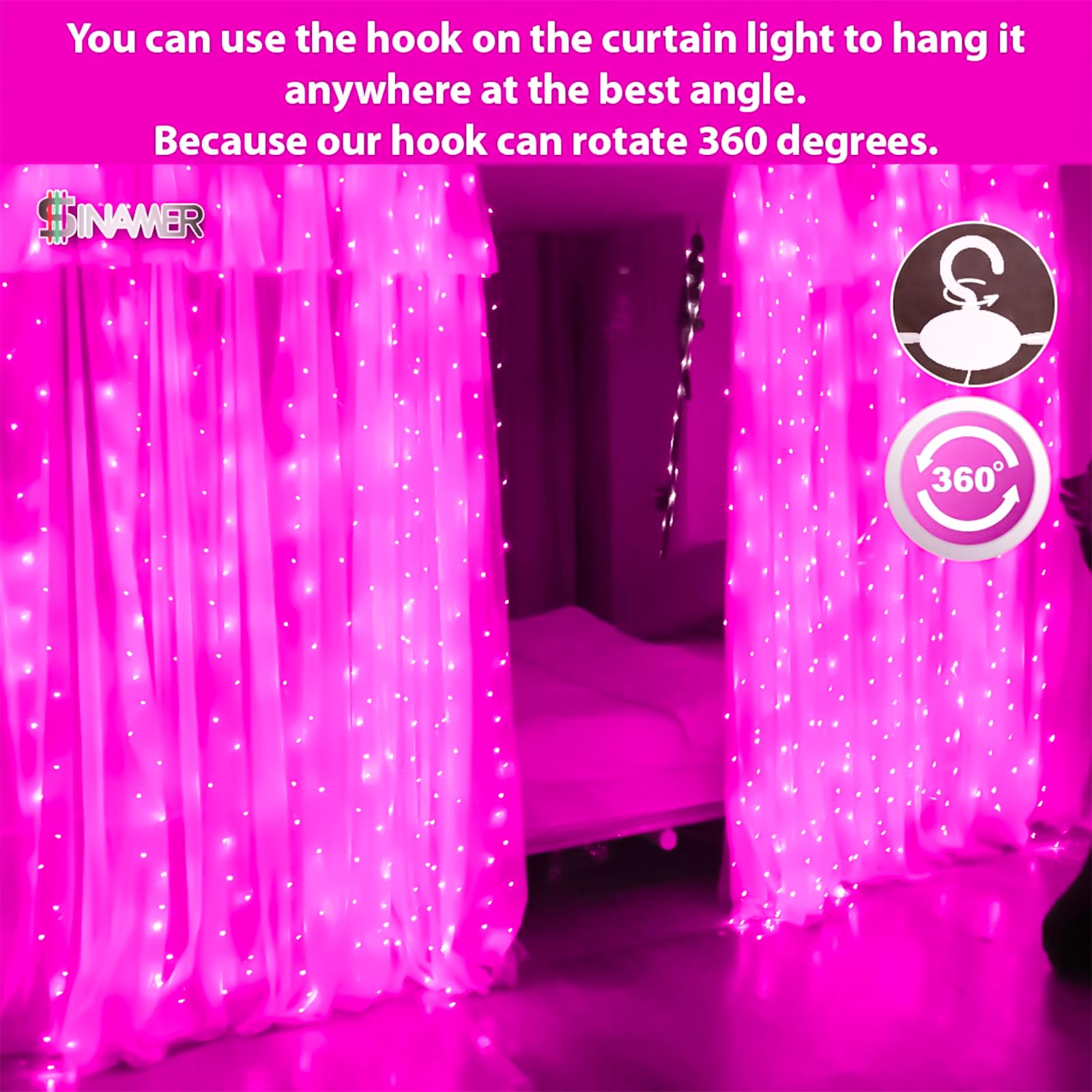 Sinamer Pink Curtain Light For Bedroom, 300 Led 9.8Ft X 9.8Ft Window Fairy Curtain String Light With 16 Hooks, 8 Models Remote Control For Wedding Party Home Garden Indoor Decorations