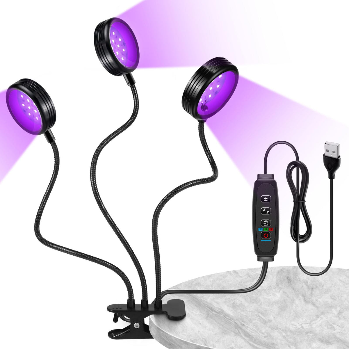 YGS-Tech LED Black Light, 15W UV Lamp with USB, Three Head Dimmable Gooseneck UV Light, Wavelength 389-405nm Black Lights for Re