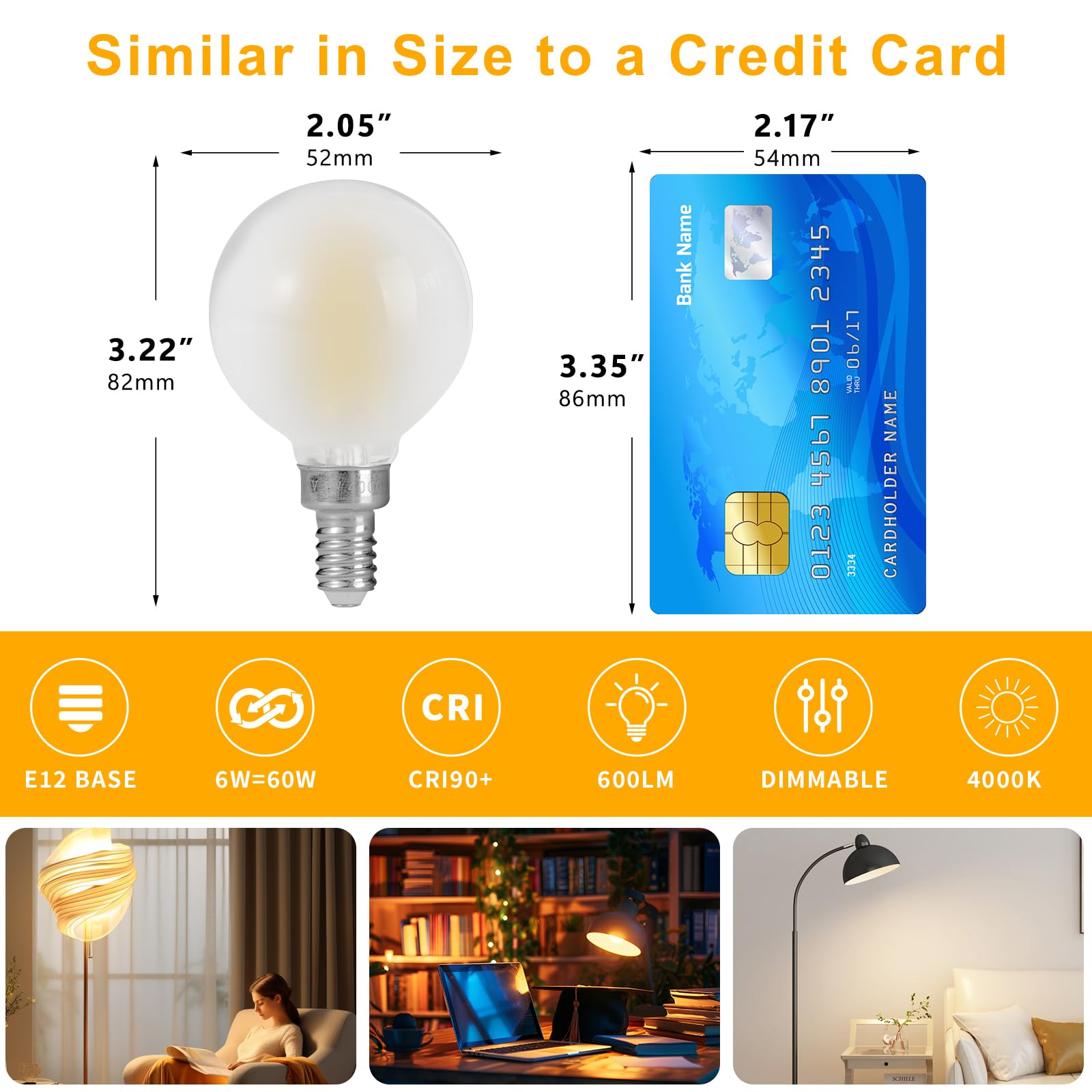 Decoaui E12 G16 LED Globe Light Bulbs, 6W (60W Equivalent), 600 Lumens, Frosted Glass, Daylight White, 12 Pack