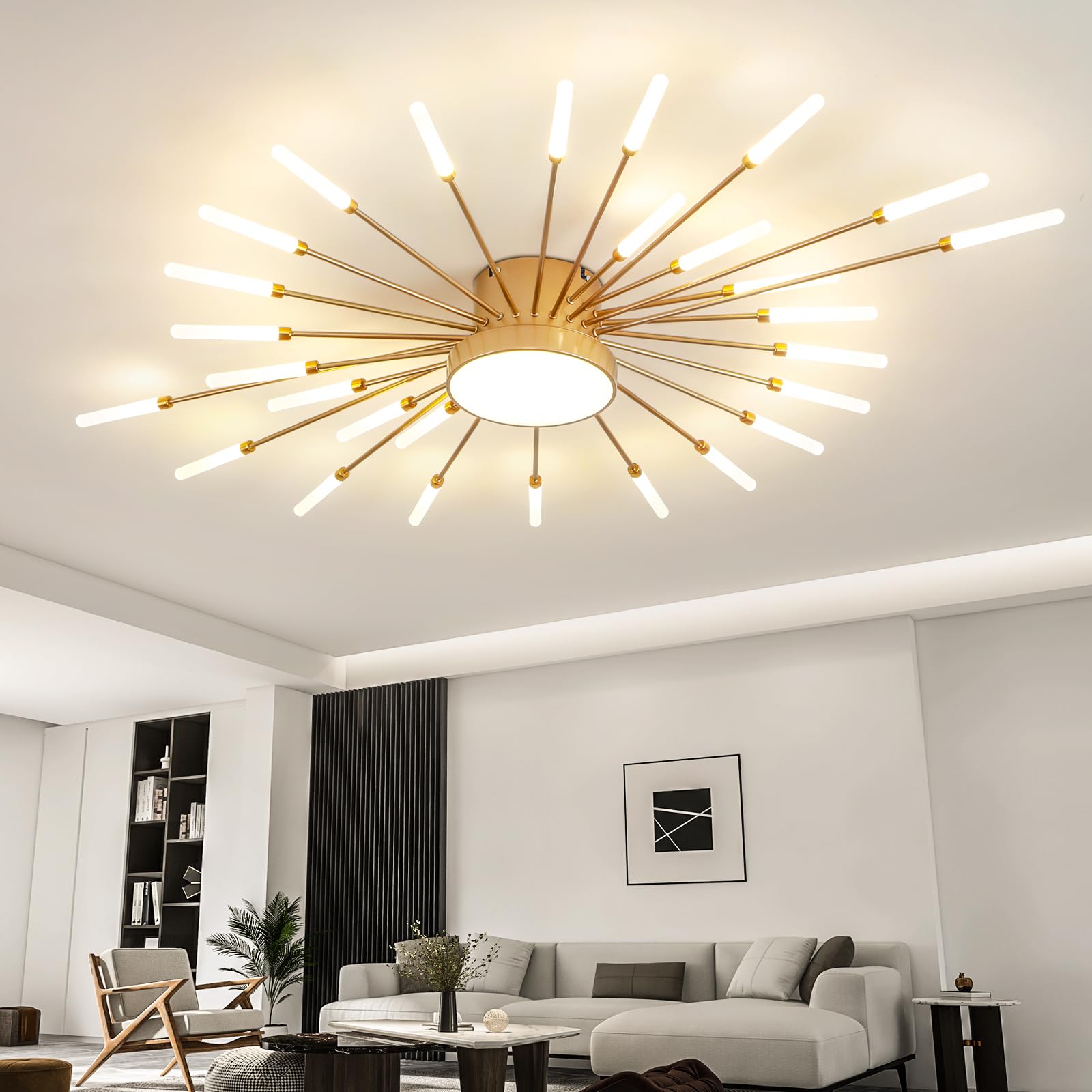 Ziidoo Modern Ceiling Light  28+1 Lights Metal Firework Designed Chic Led Lighting Fixture For Farmhouse Kitchen Dining Room Bedroom Hallway Living Room (Gold And Dark Gold)