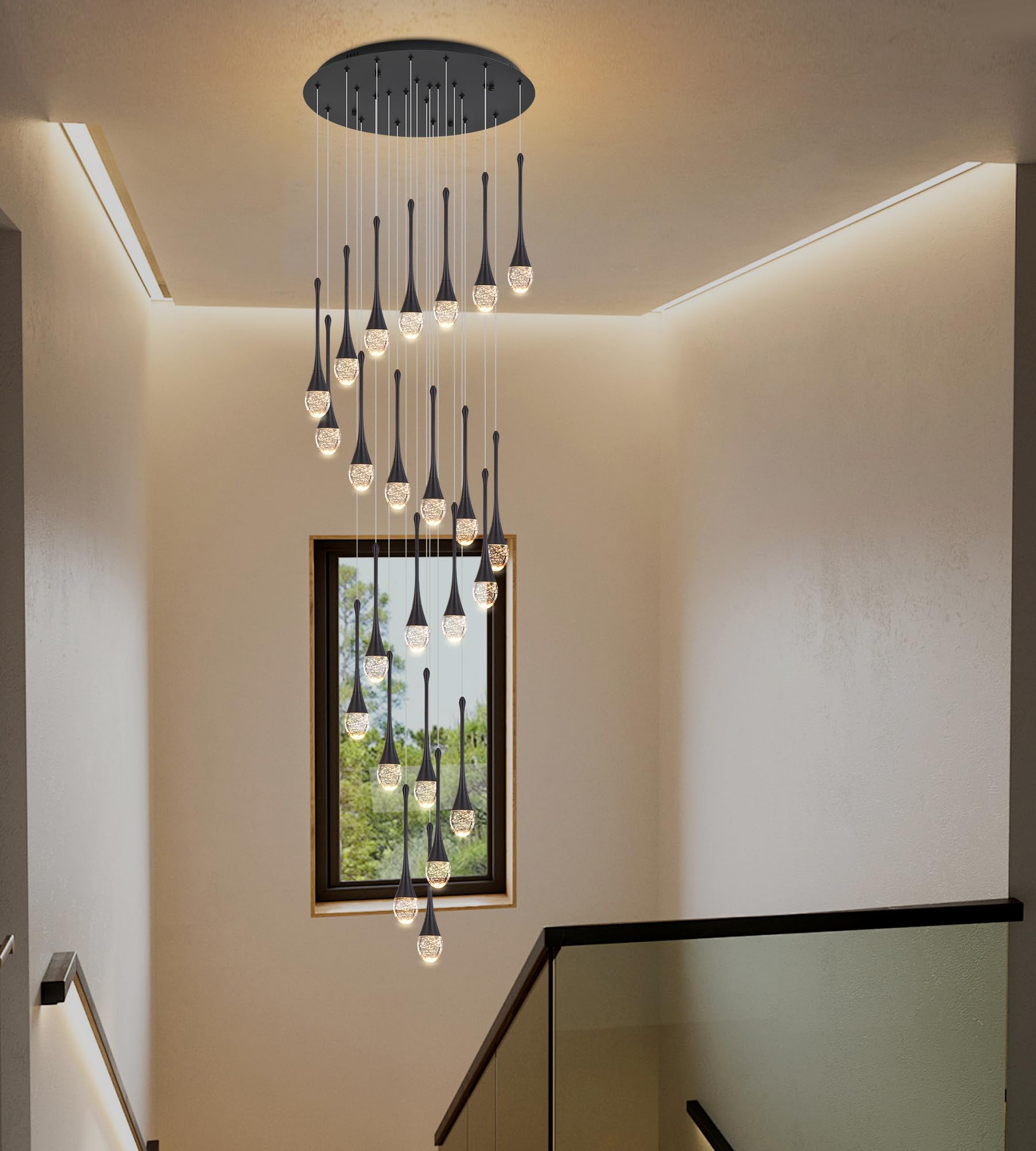 Upfelw Modern Crystal Staircase Chandelier, 24 Lights, Black Metal, H138'' Dimmable LED, Model UCC-B24-0436, Remote Control