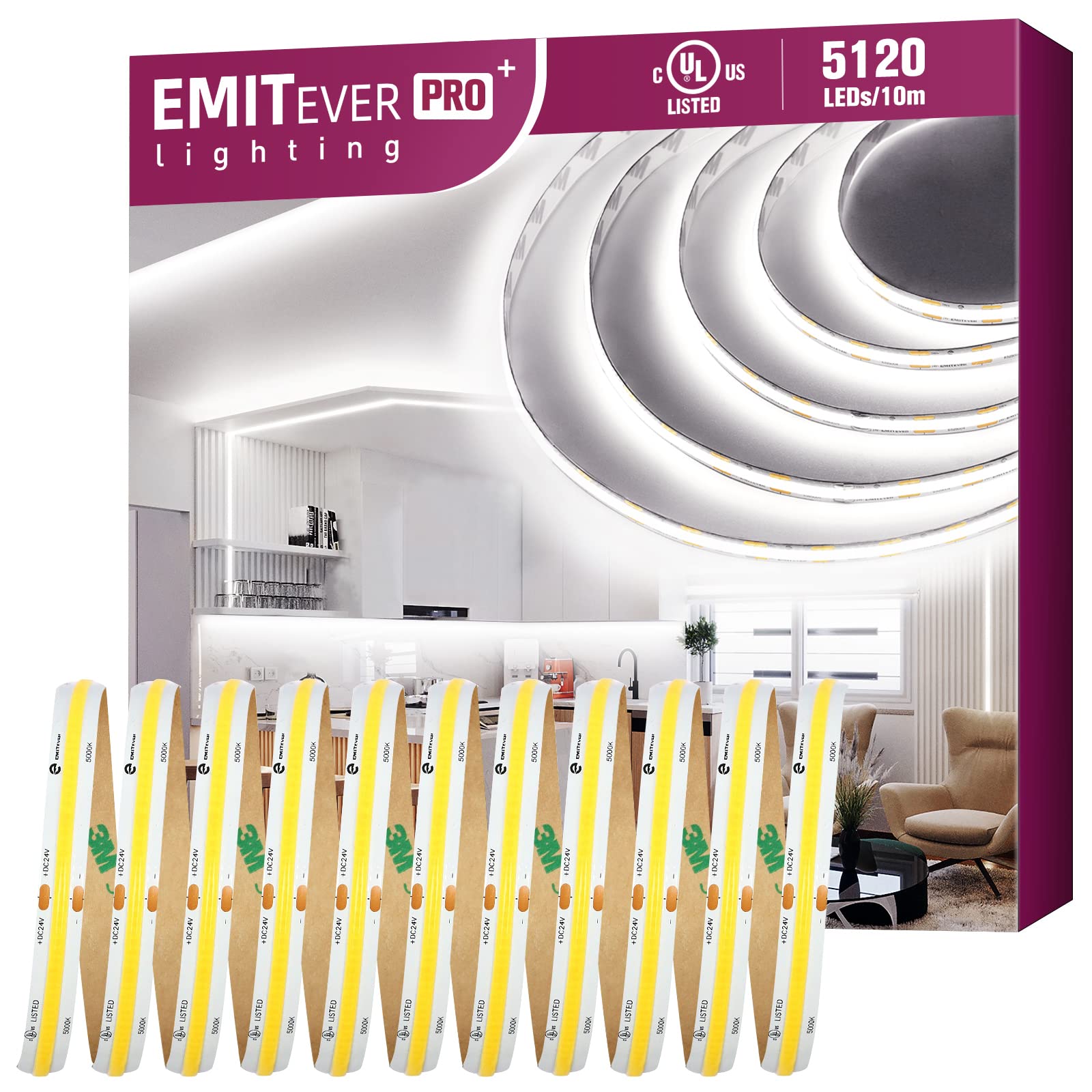Emitever 5000K Cob Led Strip Lights, 32.8Ft, 400+ Lumens/Ft, Ul Listed
