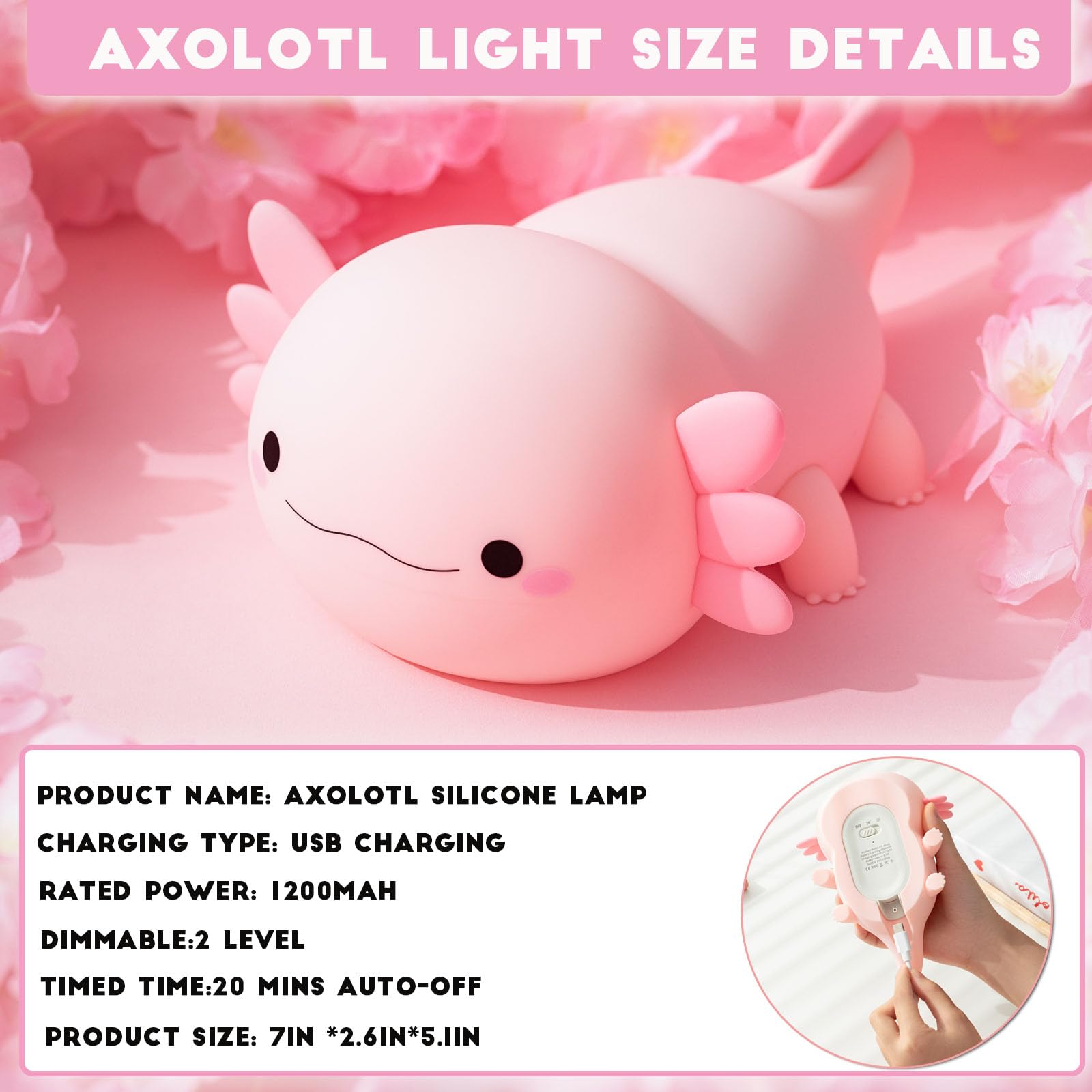 Happybag Axolotl Night Light,Cute Axolotl Lamp Gifts For Kids,Dimmable Silicone Animal Nursery Night Light,Kawaii Rechargeable B
