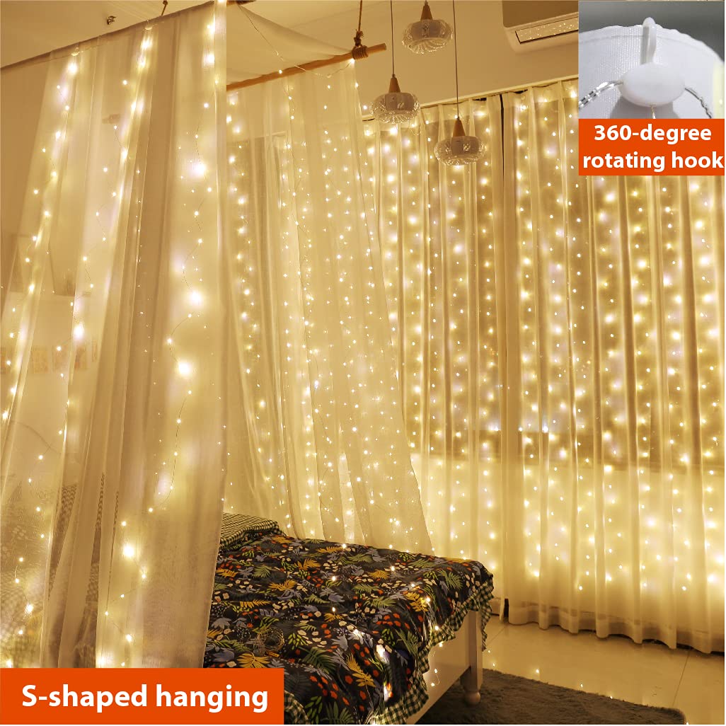 ZSJWL 2 Pack Curtain Lights, 300 LED Warm White Fairy Lights, 9.8x9.8 Ft USB Plug, Copper Wire with Remote, Ideal for Bedroom and Parties