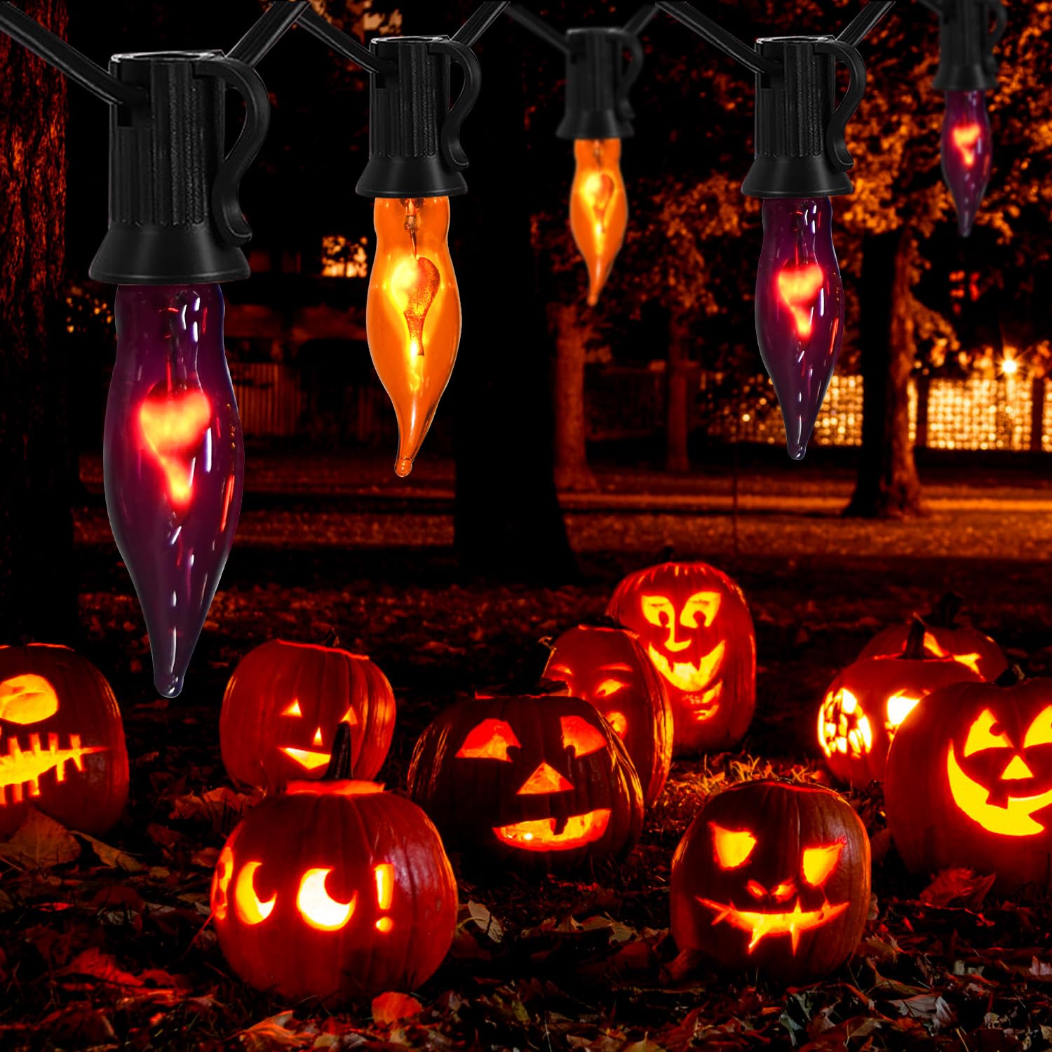 SOTOPOO Halloween Flickering Flame String Lights, 12.8Ft, Orange & Purple, C7 Retro Twinkle with 12 Bulbs, Model ULP(7)-LR(10