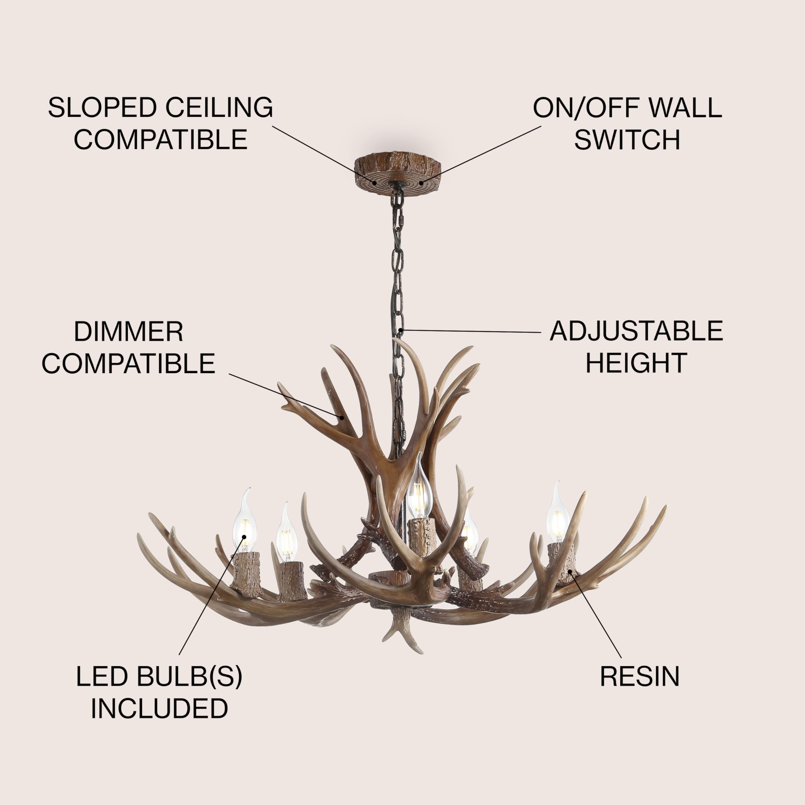 Jonathan Y Jyl6300A Eldora 30'' Adjustable Resin Antler 5-Light Led Chandelier, Glam, Rustic,Cottage,Transitional, Dimmable Dini