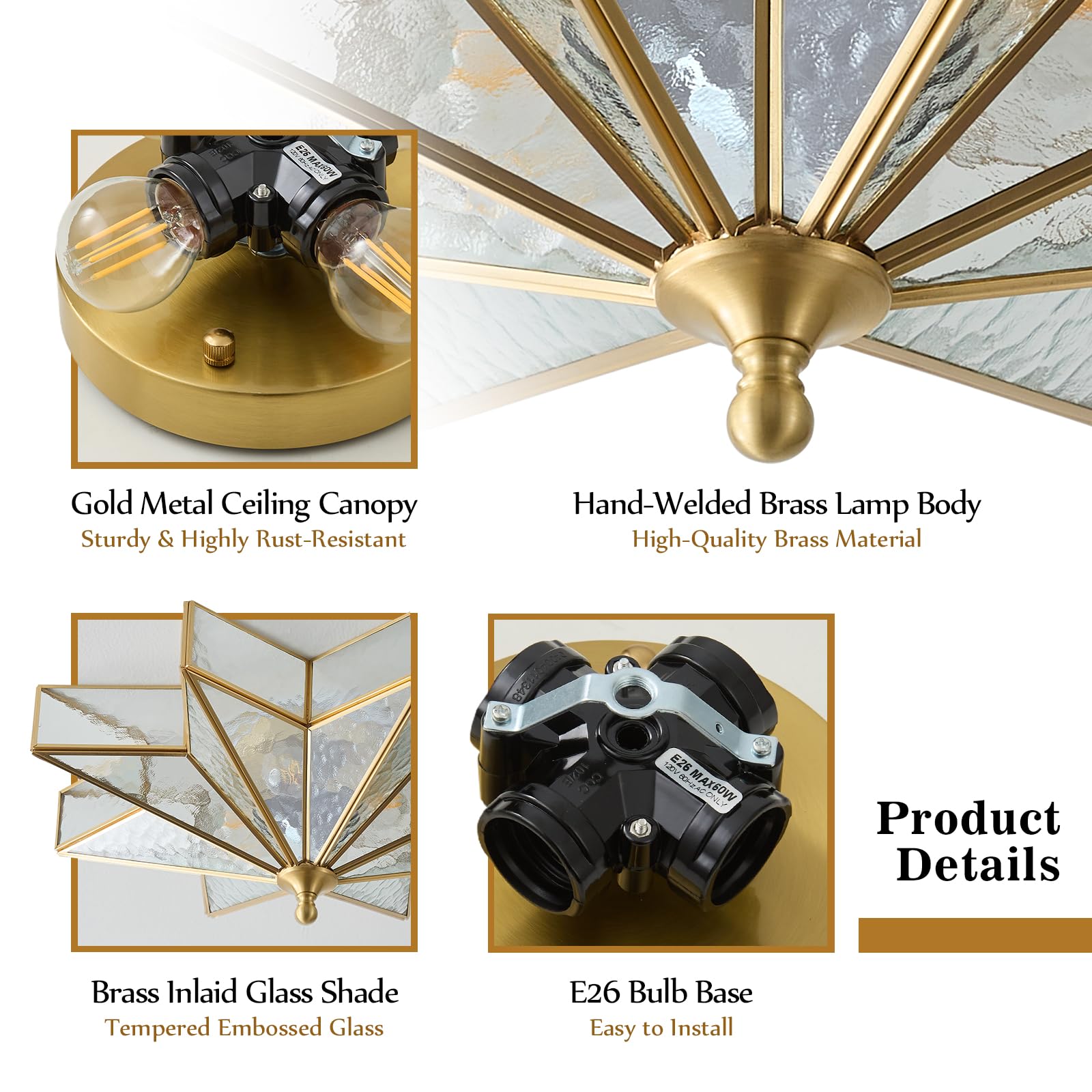 Brass Star Flush Ceiling Light - 19.5 Inch Gold Hammered Glass Large Mount Fixture - Art Deco Mid Century Vintage Modern Moravian Lighting Lights For Bedroom Dining Entryway Foyer Living Room Fixtures