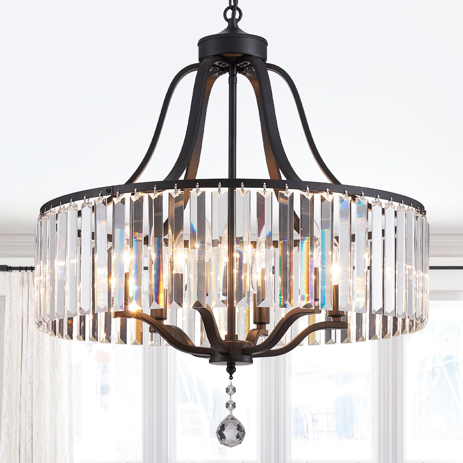 peskoe Modern Crystal Chandeliers Round 6-Light Large Black Pendant Lighting Fixture for Dining Room Living Room Kitchen Island 