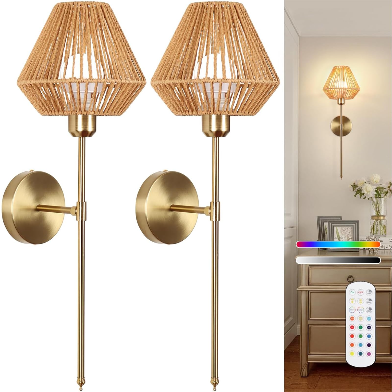 Battery Operated Wall Sconce Set of 2, Rattan Rechargeable Wall Light Dimmable with Remote Control, 15 Color Changing and Timer,