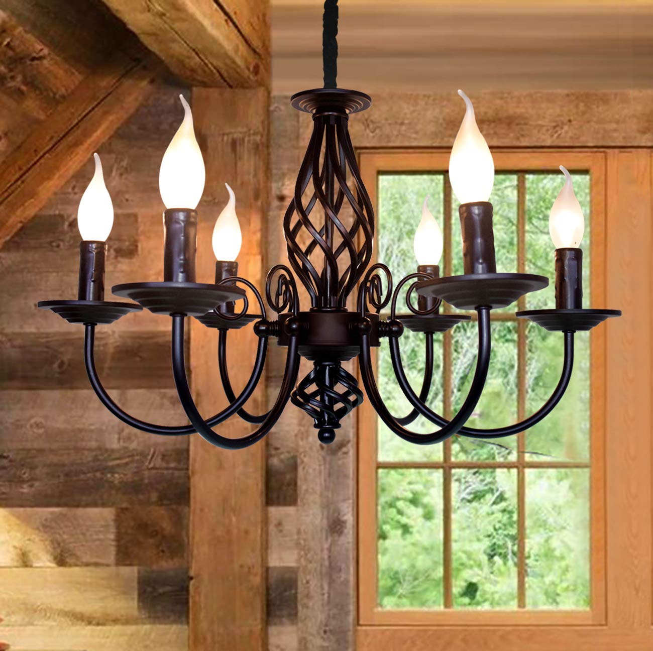 Jaycomey 6-Light Vintage Candle Chandelier, Black Iron Farmhouse Pendant For Kitchen & Dining Room