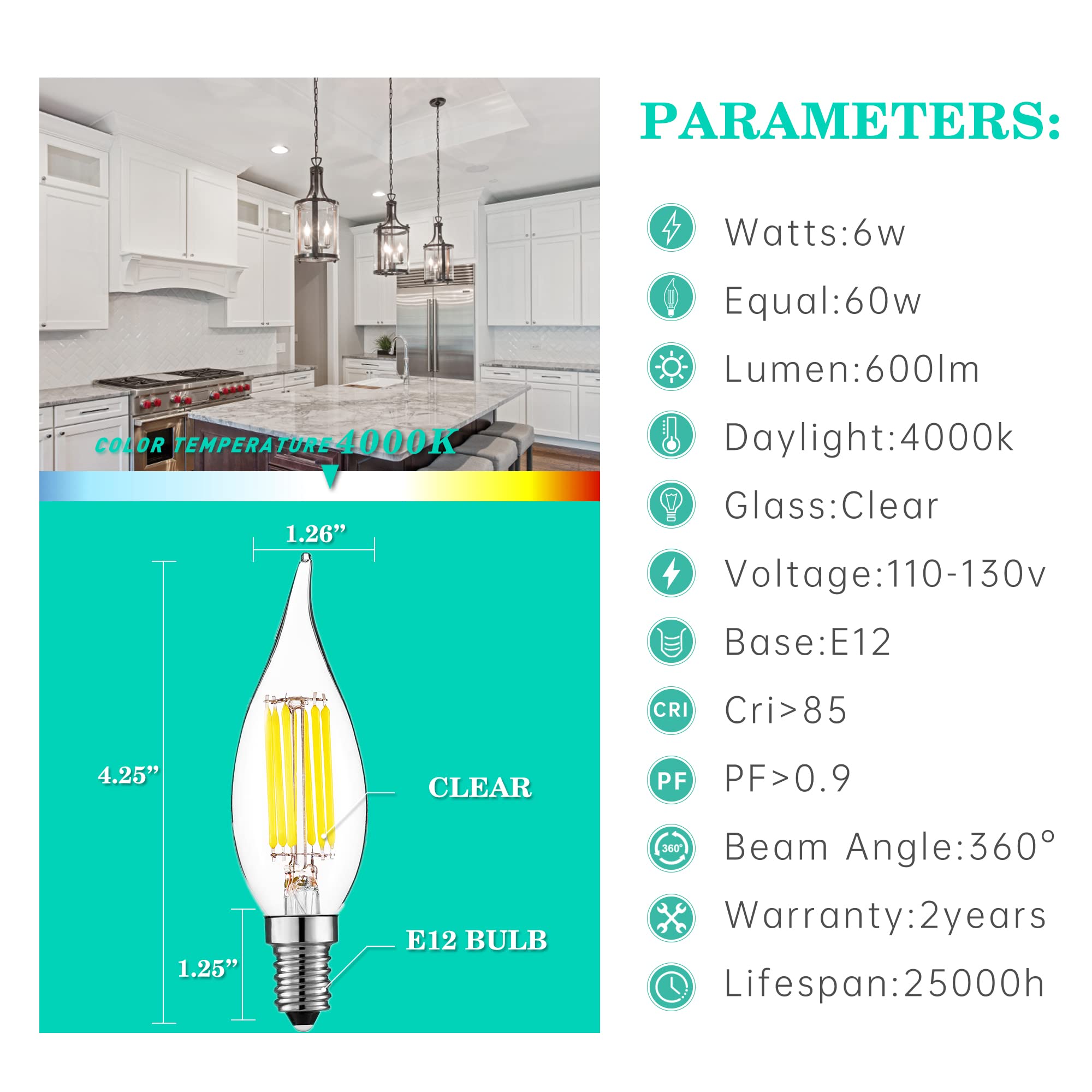 Amdtu E12 60 Watt Equivalent Led Candelabra Bulb Ca10 Candle 4000K Daylight Dimmable Small Base Chandelier Light, Ideal For Dini