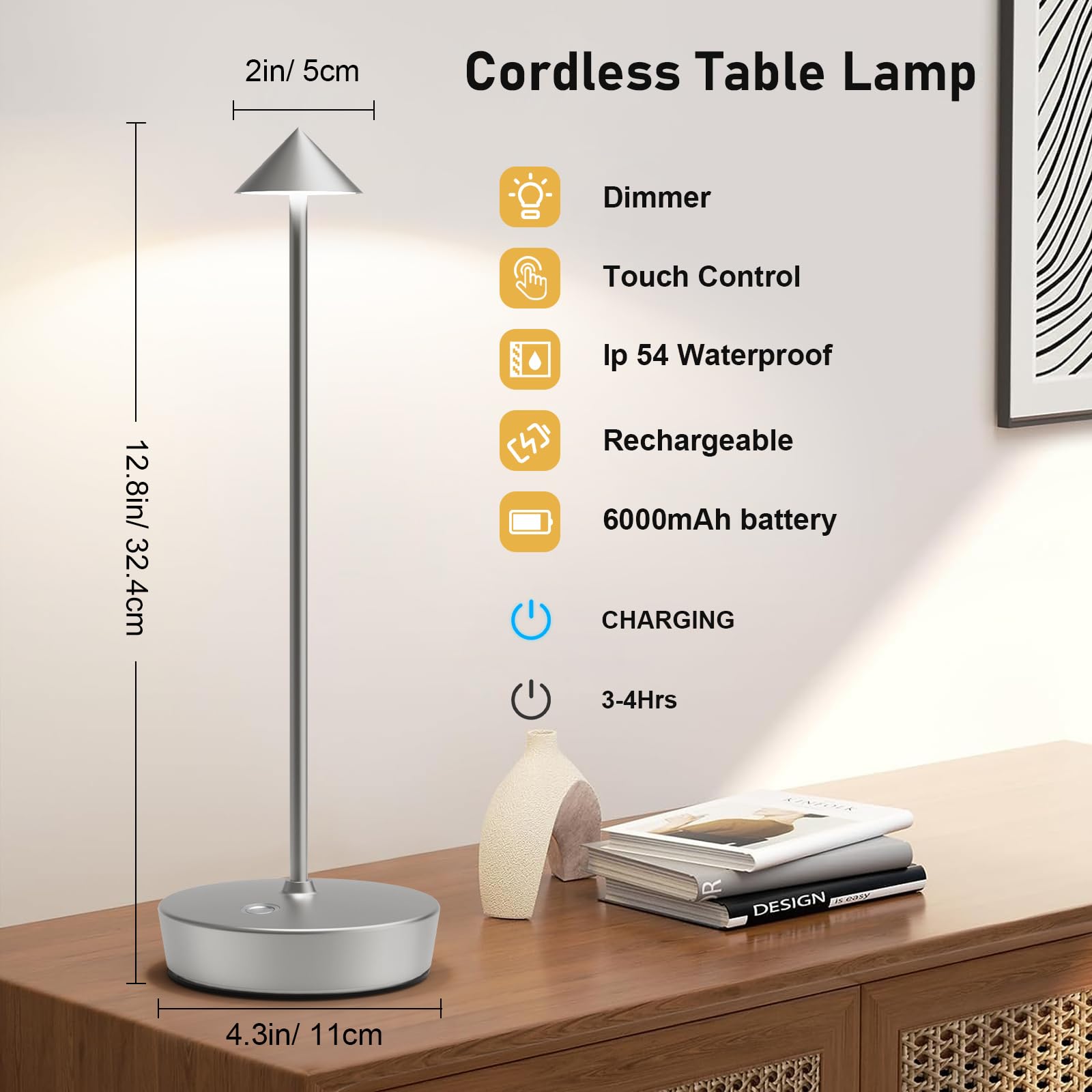 Tpczqj Rechargeable Cordless Table Lamp, 6000mAh LED, Touch Control, Waterproof, Silver, Model x12