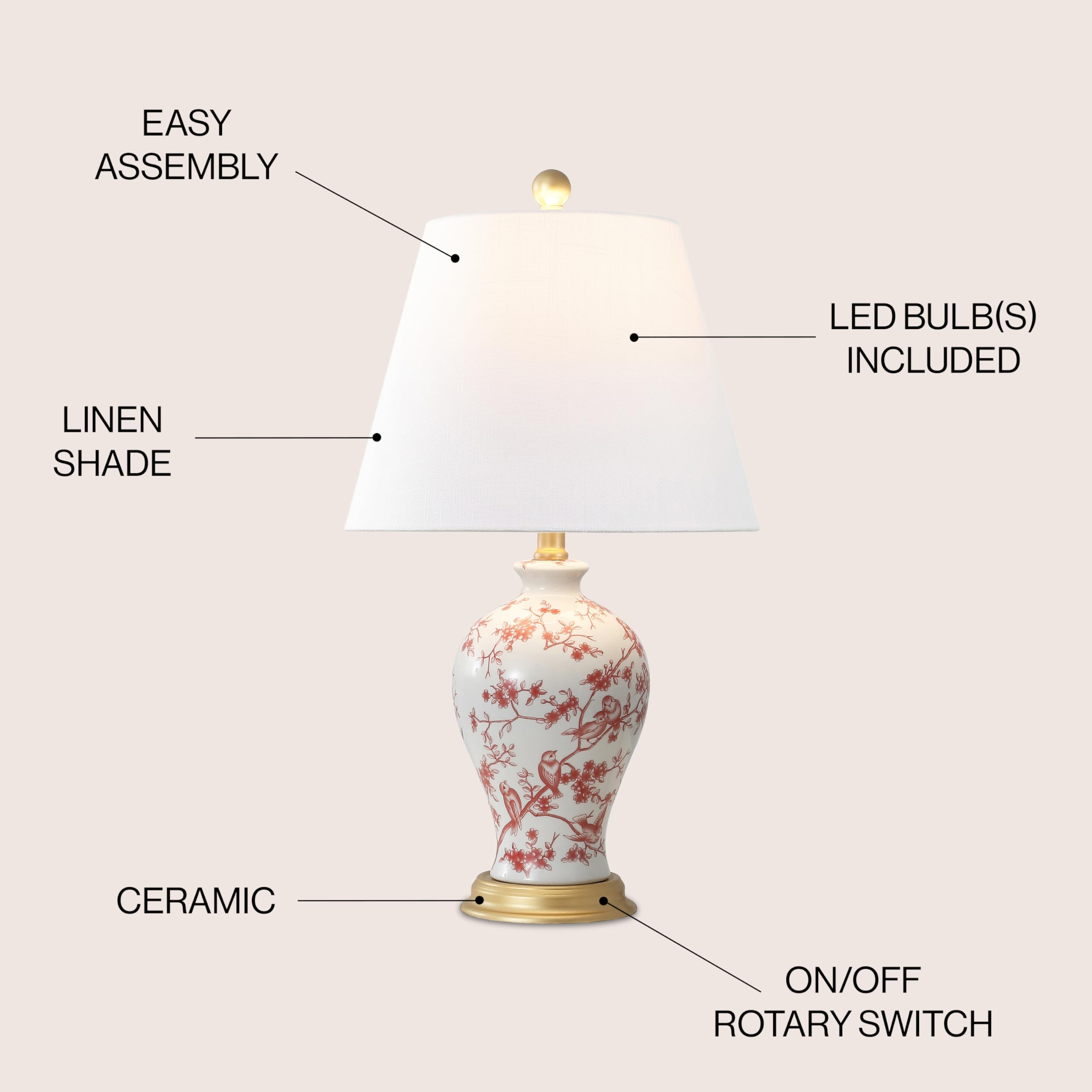 Jonathan Y Jyl3009C Grace 24'' French Country Cottage Ceramic/Iron Floral Urn Led Table Lamp, White/Red For Bedroom, Living Room