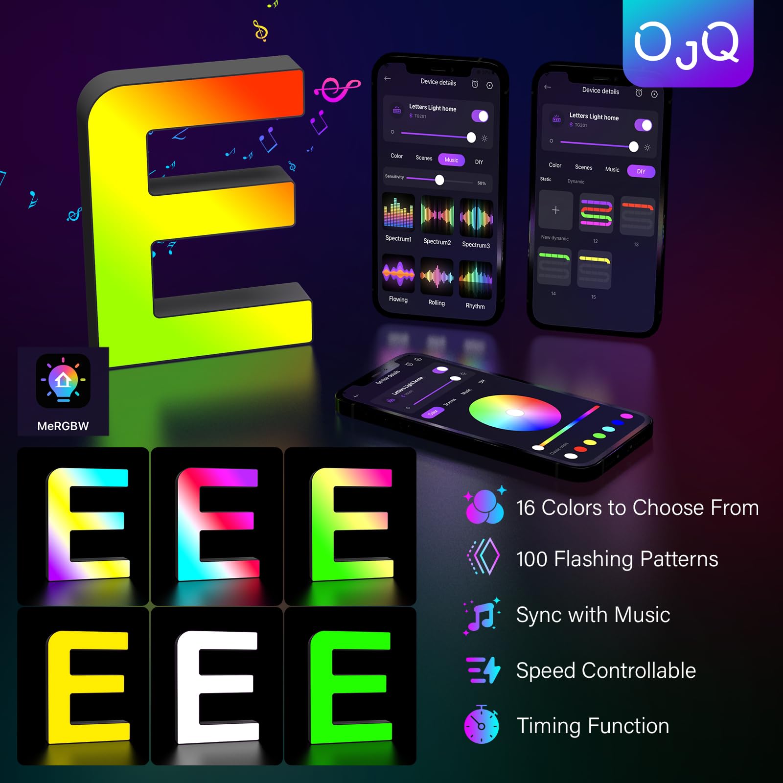 OJQ Light Up Letters - LED Marquee Alphabet Decor, Music Sync, Color Change, Model A1, Color E, Perfect for Parties & Gifts