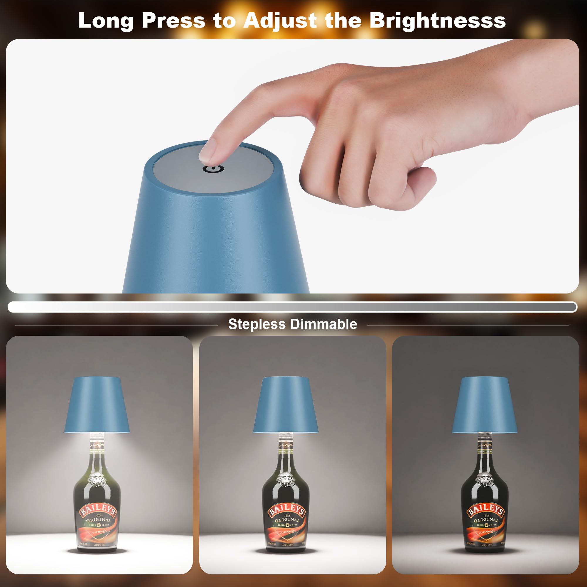 ULAROOM Wireless LED Table Lamp, Rechargeable USB-C, Dimmable Touch, Aluminum, Small Size, Blue
