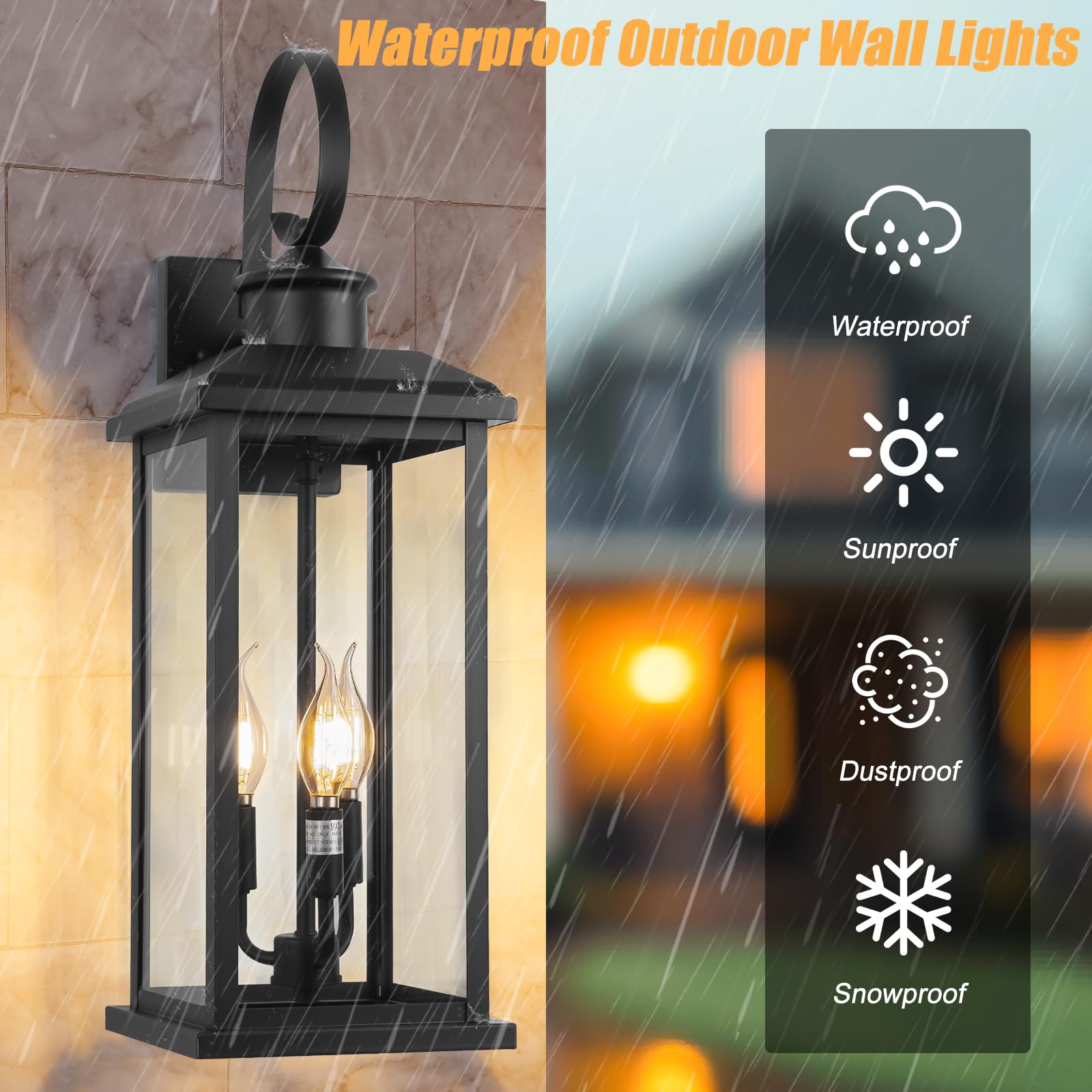 Siafavoi Large Outdoor Wall Light Fixture: 24In Black 3-Light Modern Porch Lantern  Waterproof Exterior Lighting Sconce Wall Mount  Outside Lamp For House Garage E12 Base