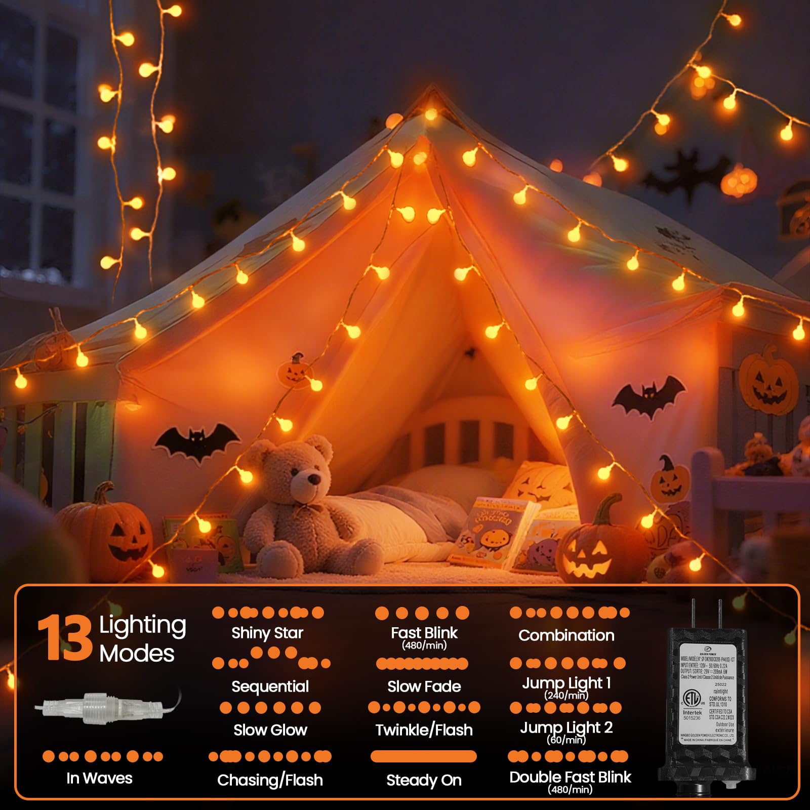 LORRYTE Connectable Globe String Lights - 100 LED, 43FT, Orange, Waterproof, 13 Modes, Halloween Decor, Model GP-SW290DC0209-IP44
