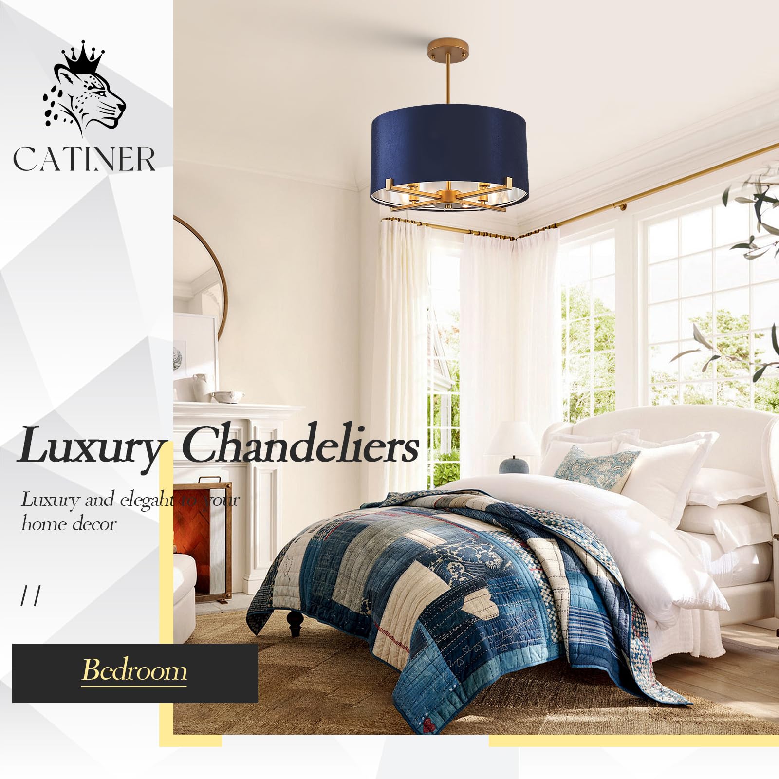 CATINER Drum Chandelier, 18” Blue & Gold Pendant Light, Velvet Fabric Shade, 4 Lights, Modern Semi Flush Mount for Dining Room & Hallway