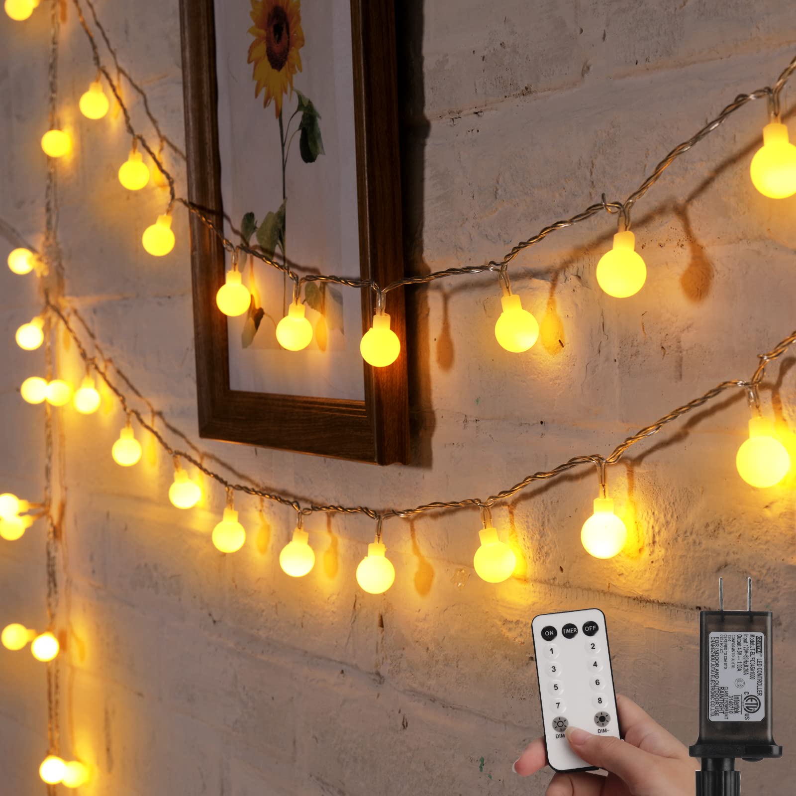 Minetom Globe String Lights, 100 LED Warm White Fairy Lights, 33Ft, 8 Modes, Indoor Outdoor Decor, Model 100L