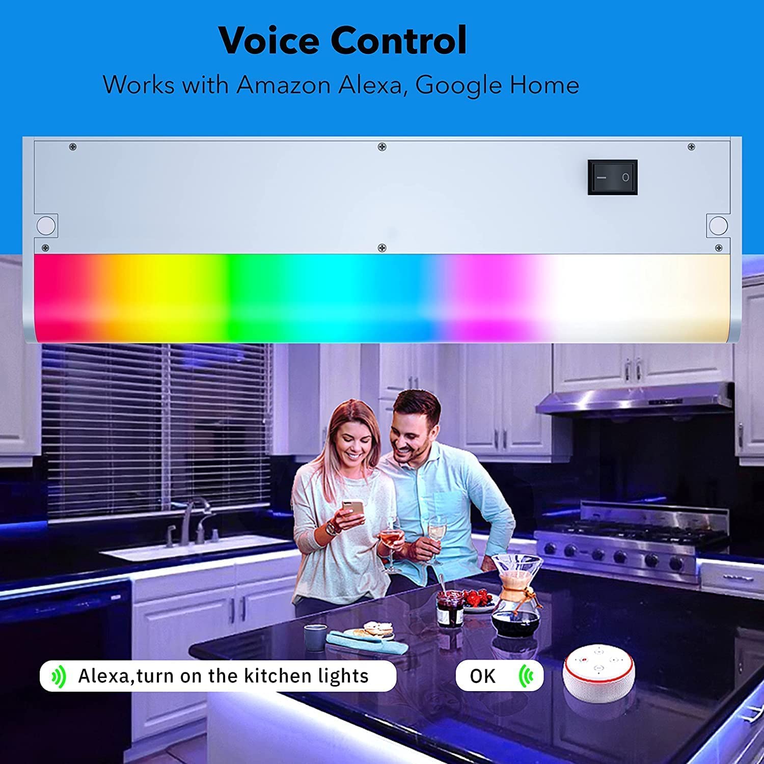 LAMPAOUS LED Under Cabinet Lighting, Smart RGB Dimmable, 2-Bar 24 Inch, White, Hardwired, Model LPS-FS-9, Alexa & App Control, 2