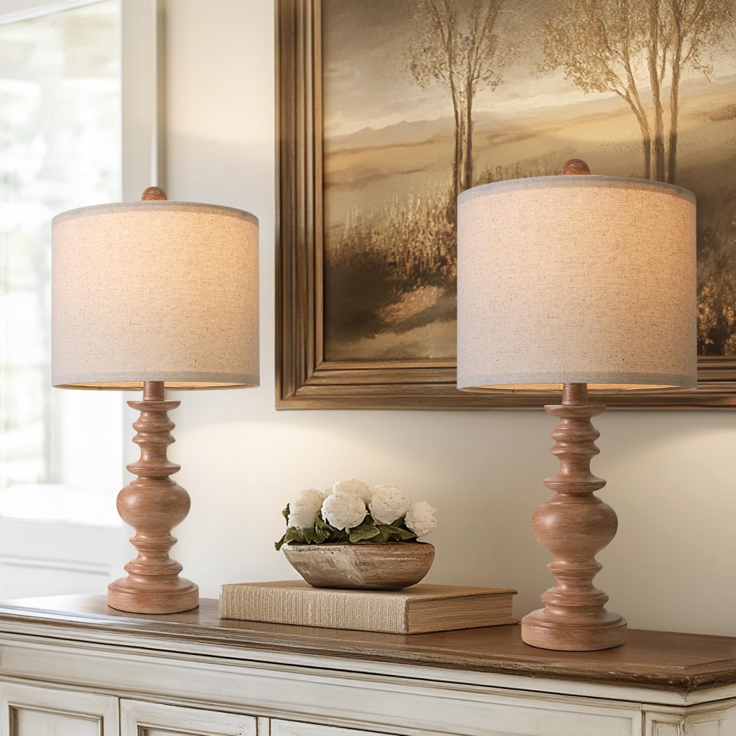 BOBOMOMO Rustic Bedside Lamps Set of 2, Vintage Resin Table Lamps, 20in Small, Light Brown, Ideal for Nightstands and Compact Spaces