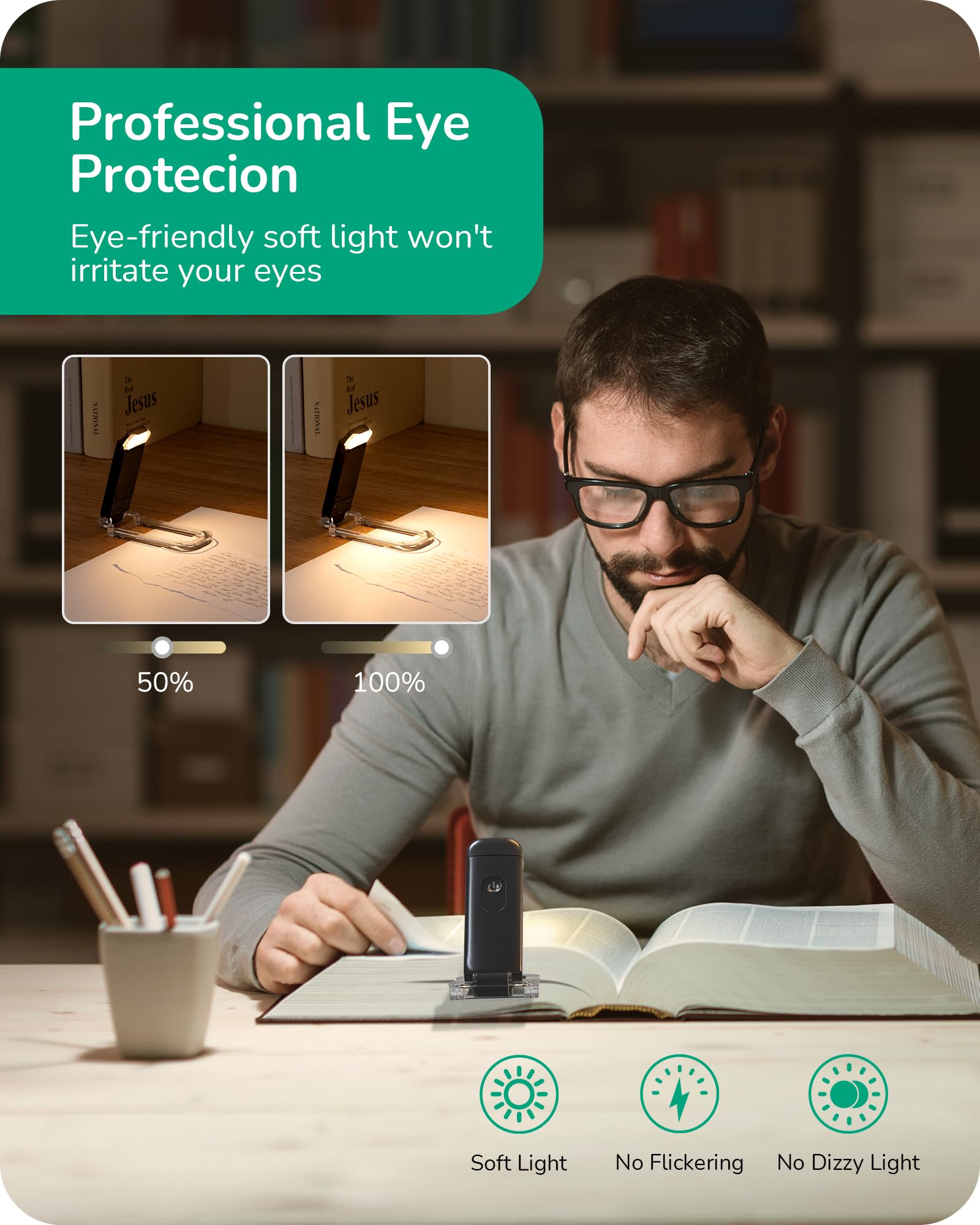 EDISHINE Book Light for Reading at Night in Bed, 3000K USB Rechargeable Clip-on Lamp, Adjustable Brightness, Eye Care LED Readin