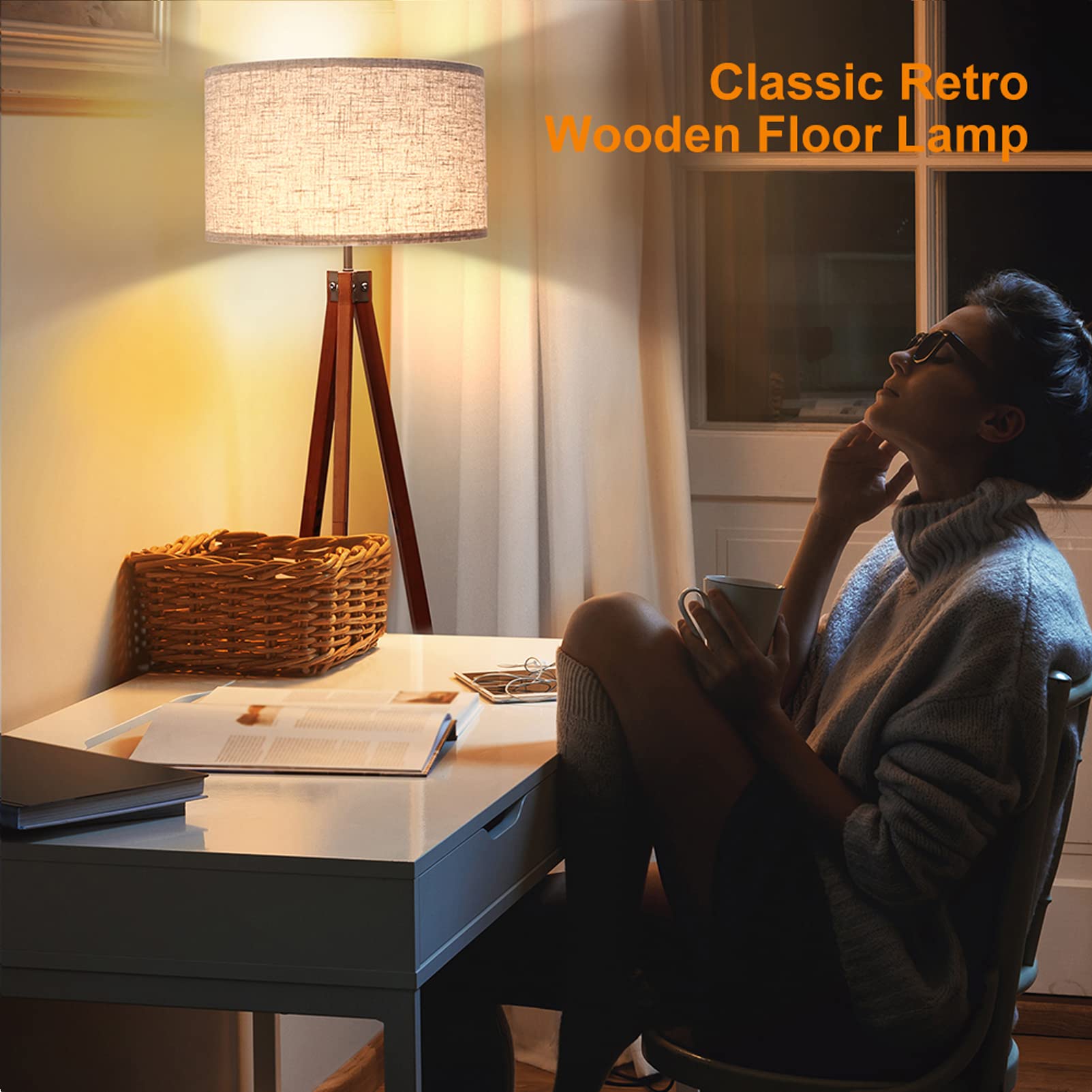 LEPOWER Wood Tripod Floor Lamp, Modern Design, Flaxen Shade, Model UF1101, Brown Tripod Holder