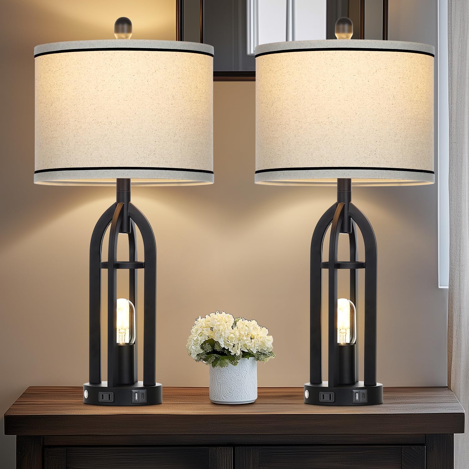 Cinyirong 27'' Farmhouse Table Lamps Set Of 2 With Usb A+C Charging Ports,3-Way Dimmable Touch Control Bedside Lamps With Nightl