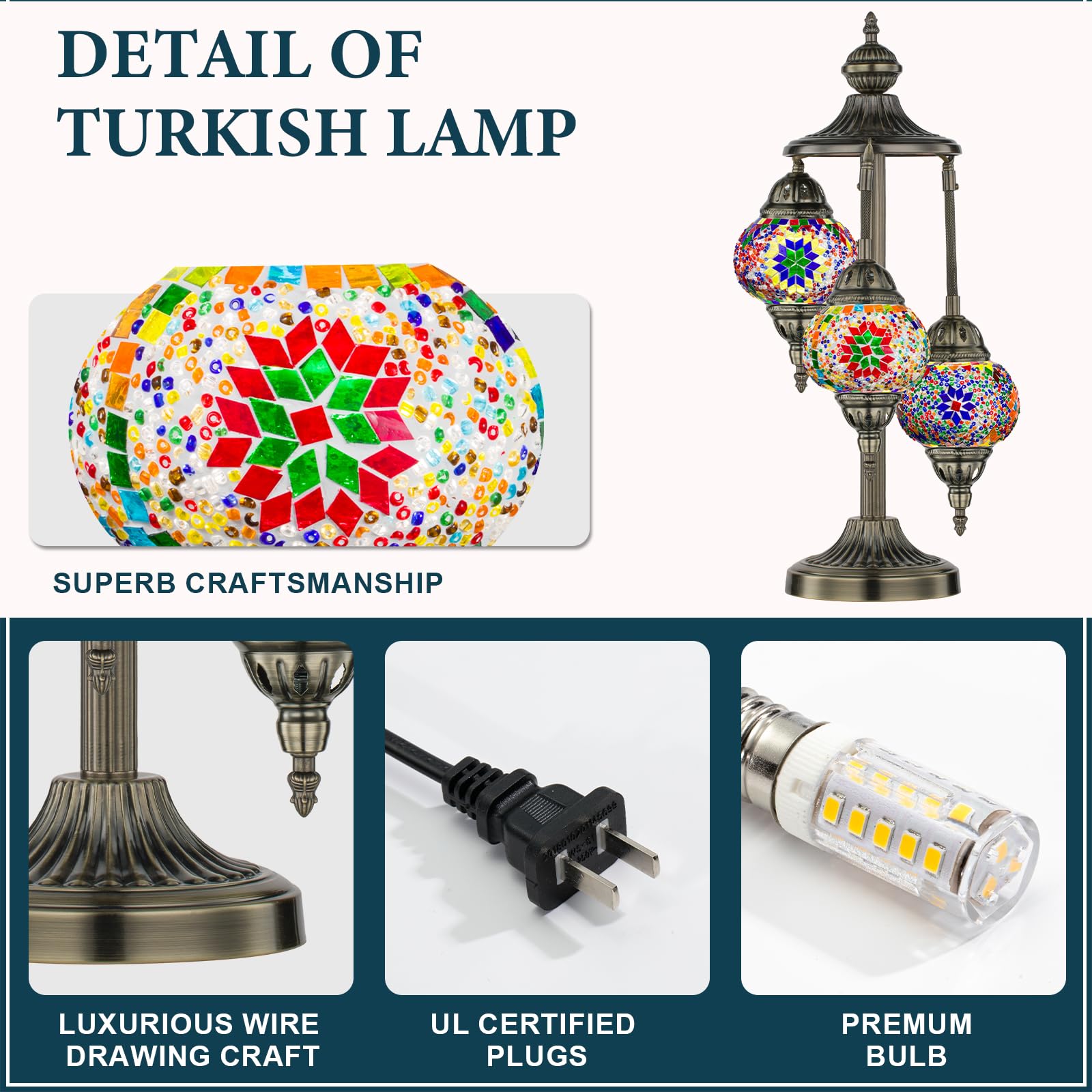 Marrakech Turkish Lamp 3 Globes Moroccan Table Lamp With Bronze Base, 23'' Tall Handmade Colorful Tiffany Mosaic Glass Night Lig