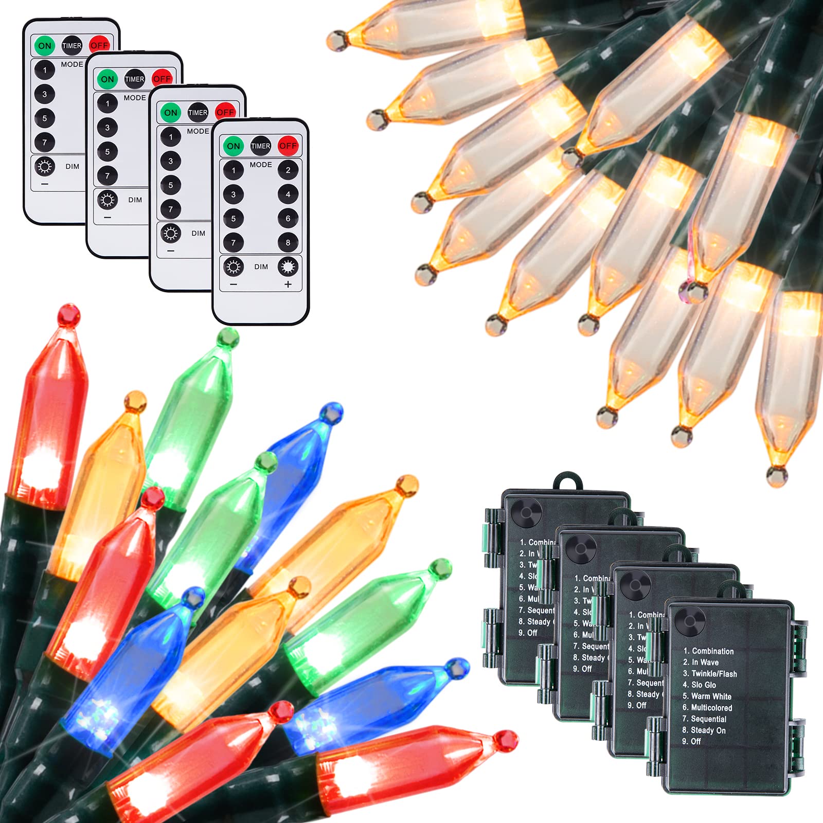 Brightown Christmas Mini String Lights, 50 LEDs, 4 Pack, 17.7 Feet, Battery Operated, Warm White + Multicolored