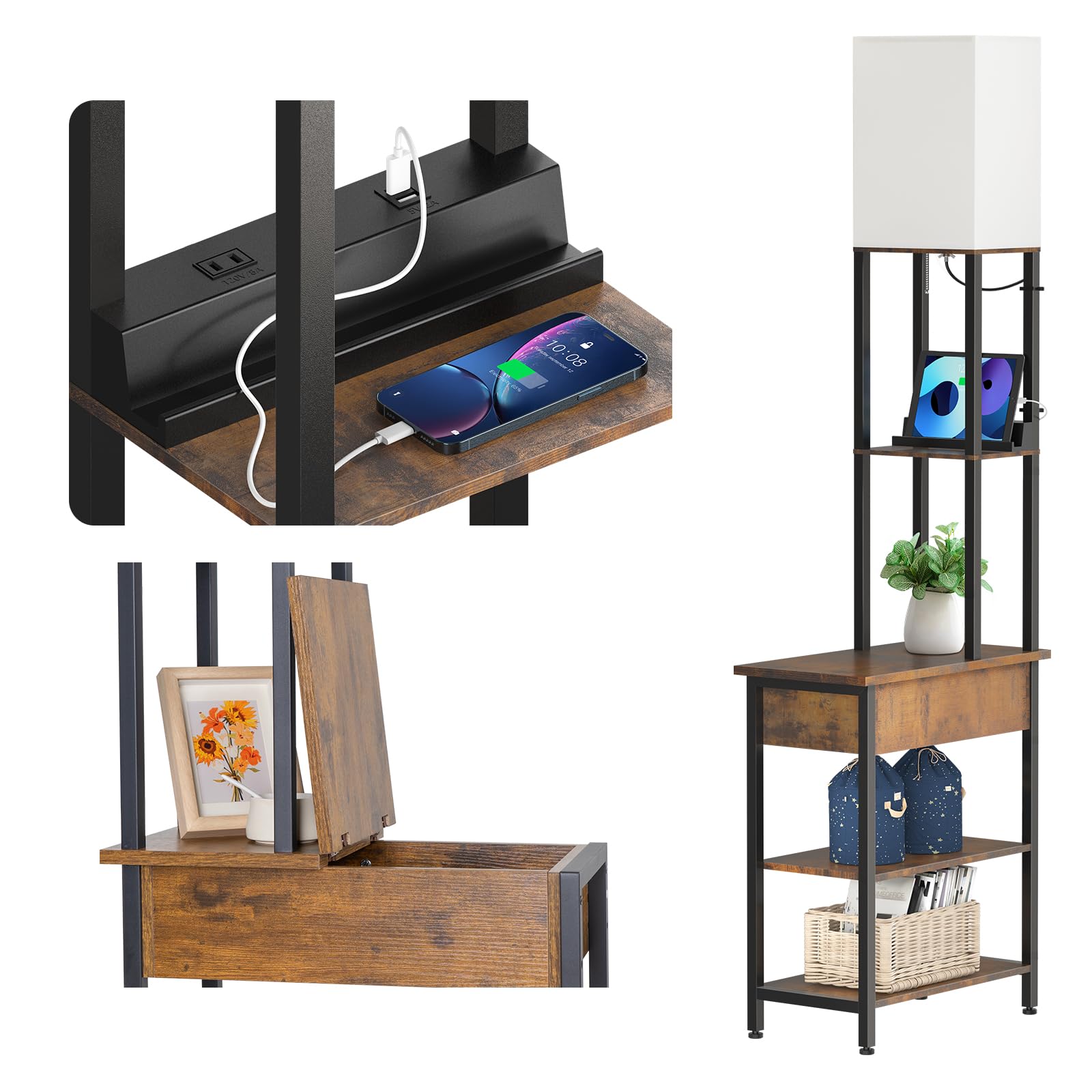 addlon Floor Lamp with 2 USB, 1 Outlet and Flip-Top Storage Cabinet, 3CCT LED Bulb, Sofa Lamp with White Lampshade, Display Floo