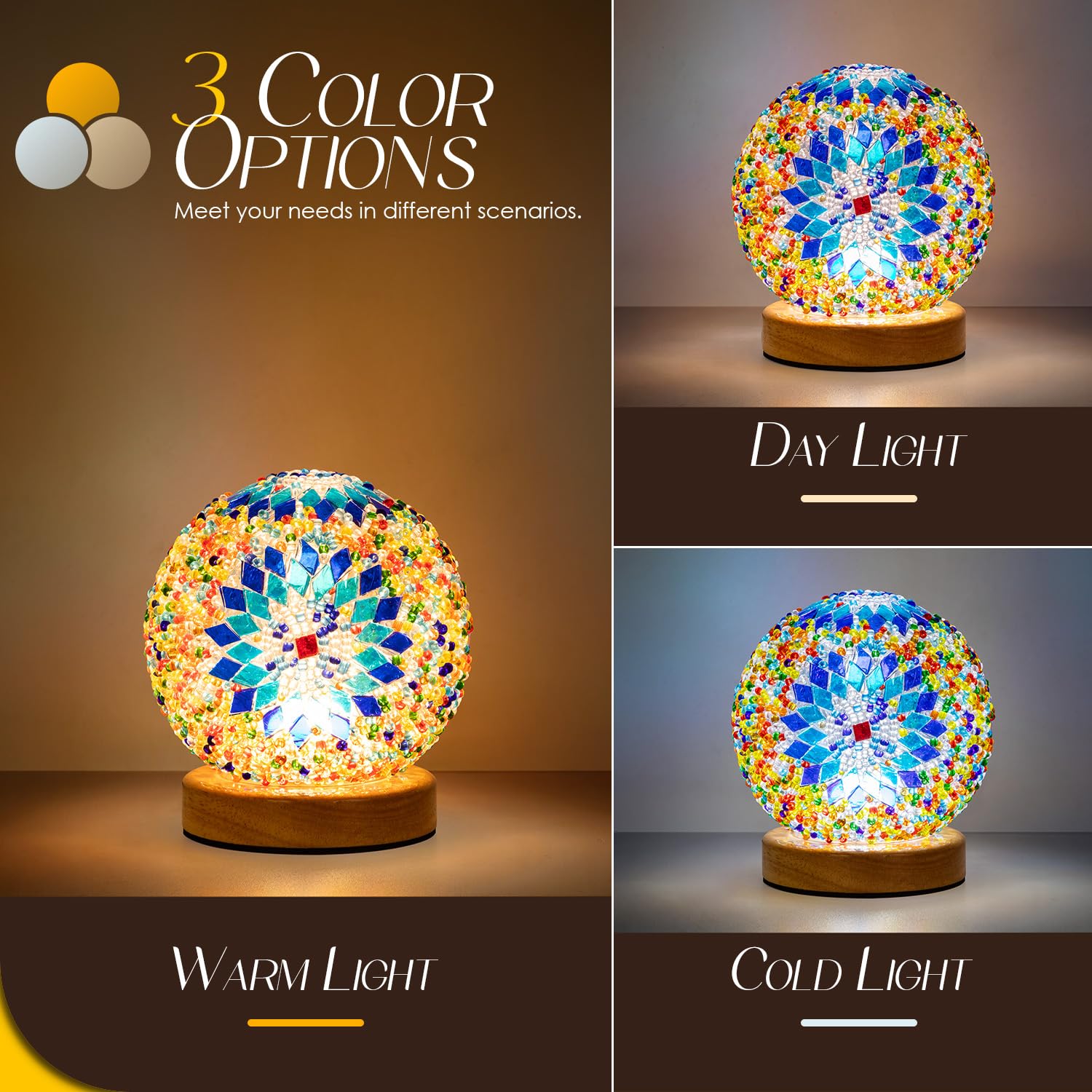 Soilsiu Turkish Mosaic Lamp, Tiffany Bedside Lamp, USB Power, Glass, 4.7in x 5.2in, Blue1, Model TD-030R