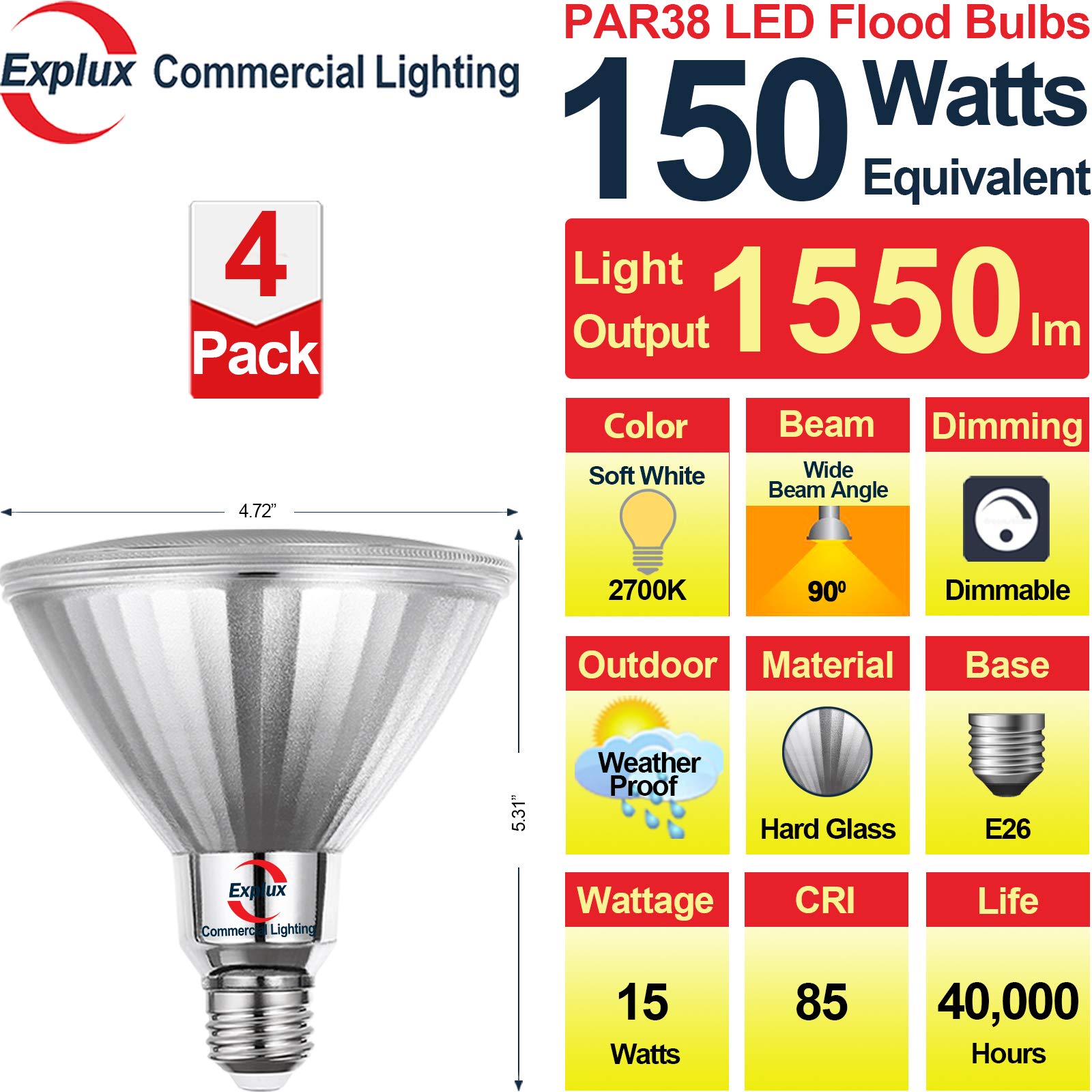 Explux Commercial LED PAR38 Flood Light Bulbs, 150W Equivalent, Dimmable, Waterproof, 2700K Soft White, 4-Pack, Hard Glass
