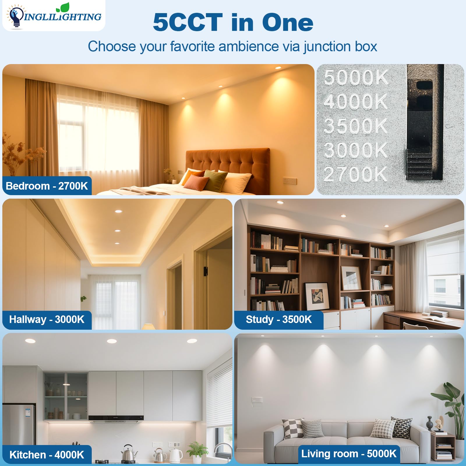 Dllt Led Recessed Ceiling Light: 6 Pack 8 Inch Slim Recessed Lighting For Kitchen - 5Cct Dimmable Canless Wafer Downlight For Living Room - 1800Lm Brightness 18W Led Can Lights For Bedroom Etl Fcc