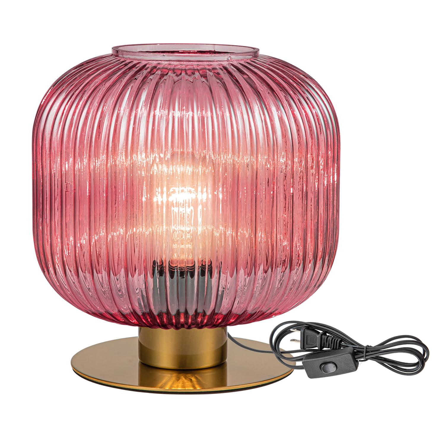 Soutas Small Bedside Table Lamp, Pink Bedside Lamp Globe Table Lamps with Striped Glass Shade, Modern Bedroom Nightstand Lamp Li