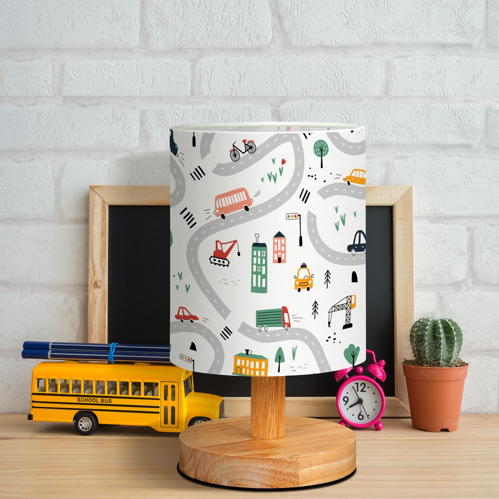 Vihose Transportation Kids Table Lamp For Bedroom Kids Bedside Lamp With Linen Wooden Nightstand Cartoon Nursery Decor Lampshade